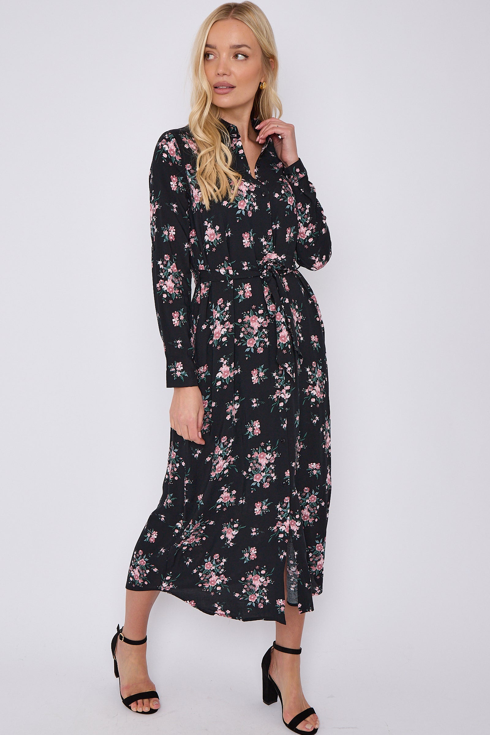 Black Floral Print Maxi Shirt Dress