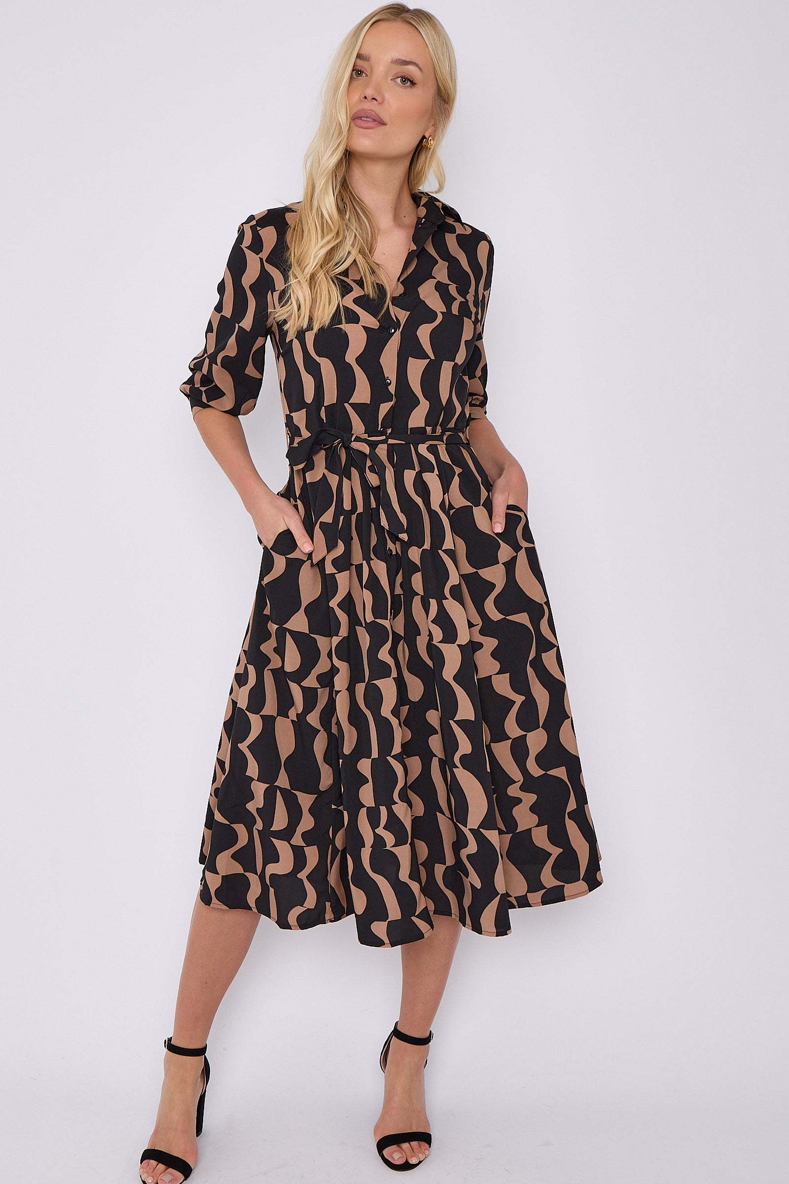 Brown Geometric Print Half Sleeve Midi Shirt Dress