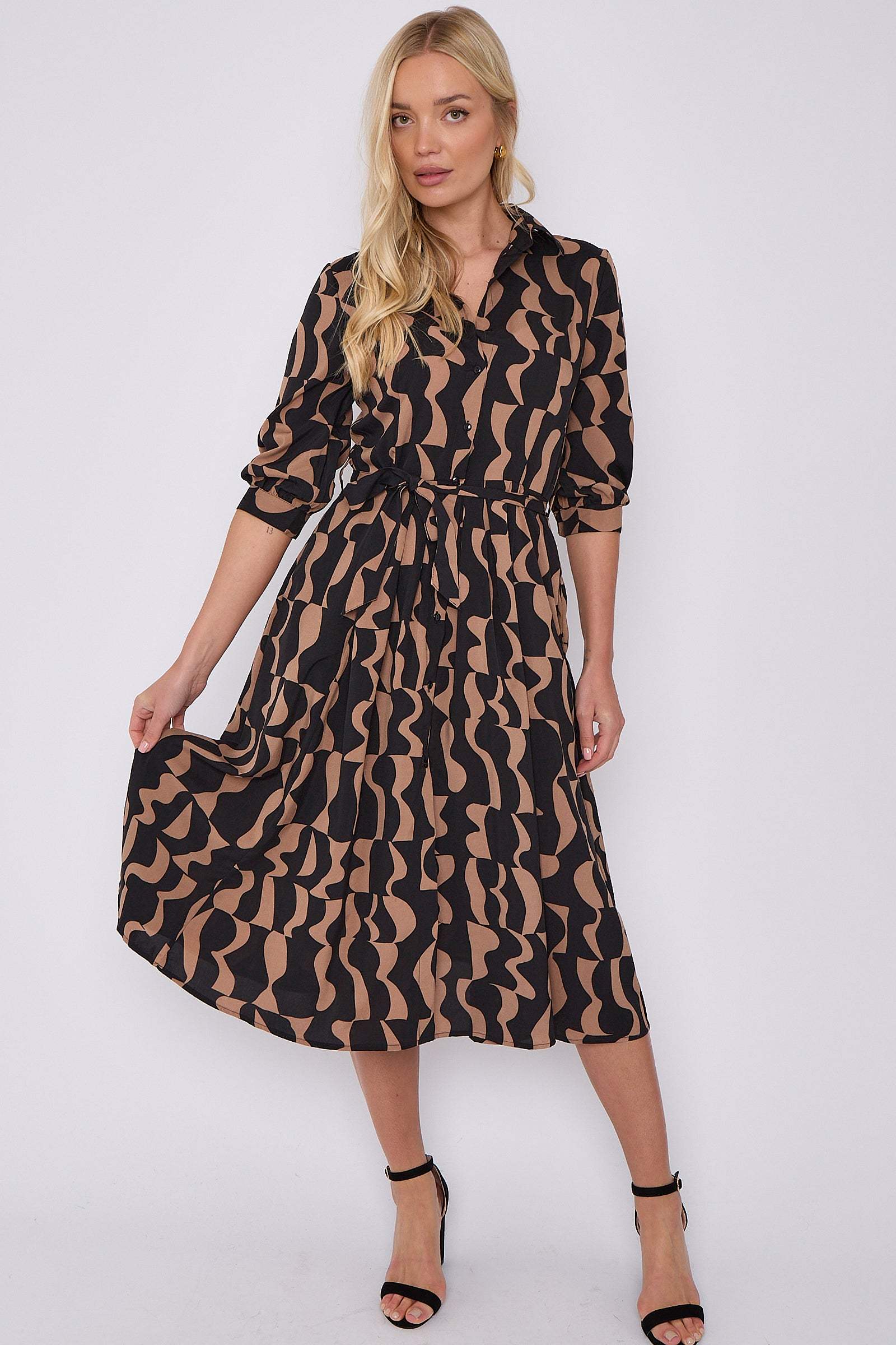 Brown Geometric Print Half Sleeve Midi Shirt Dress