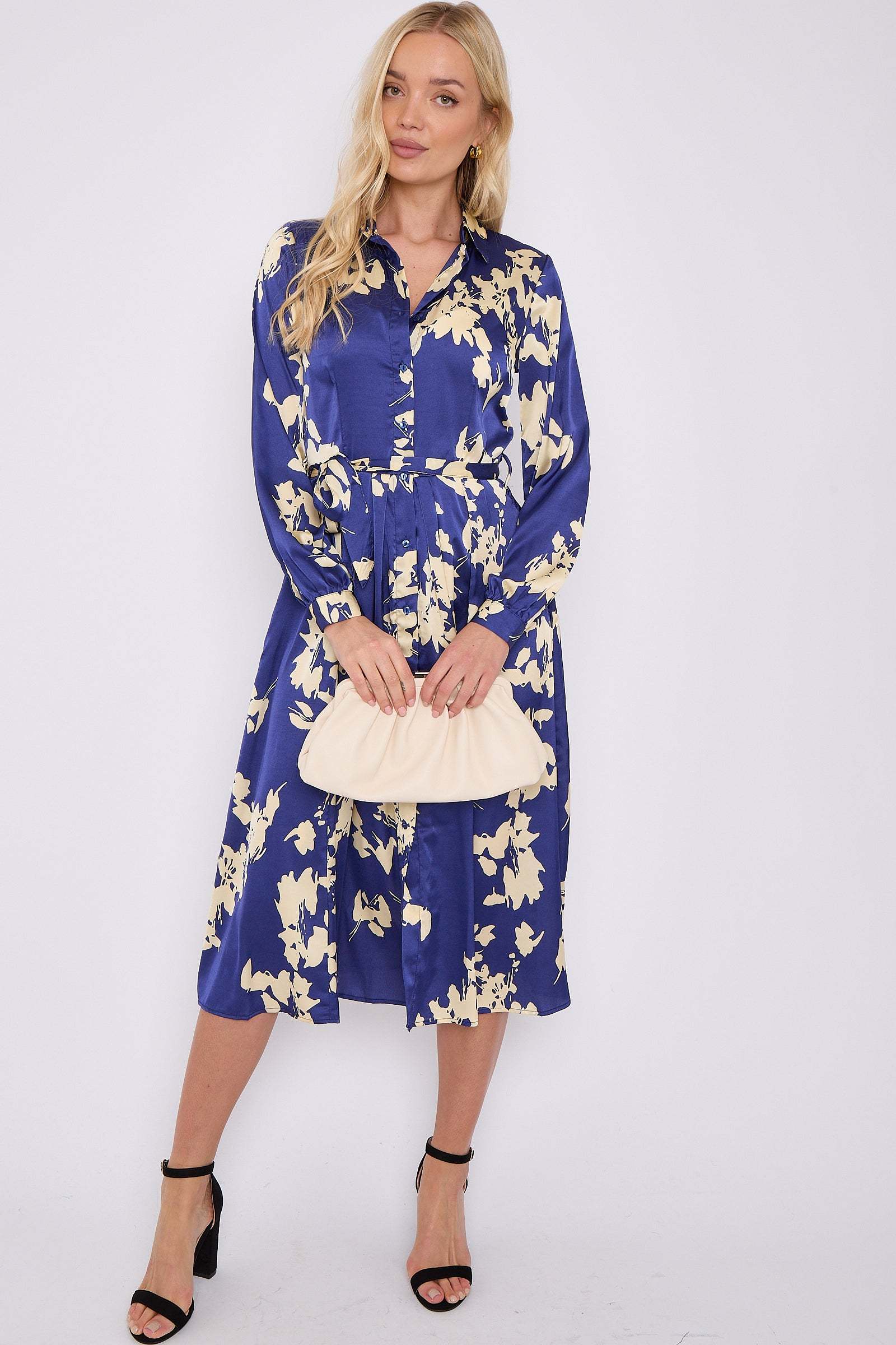 Cream Floral Blue Satin Belted Midi Shirt Dress