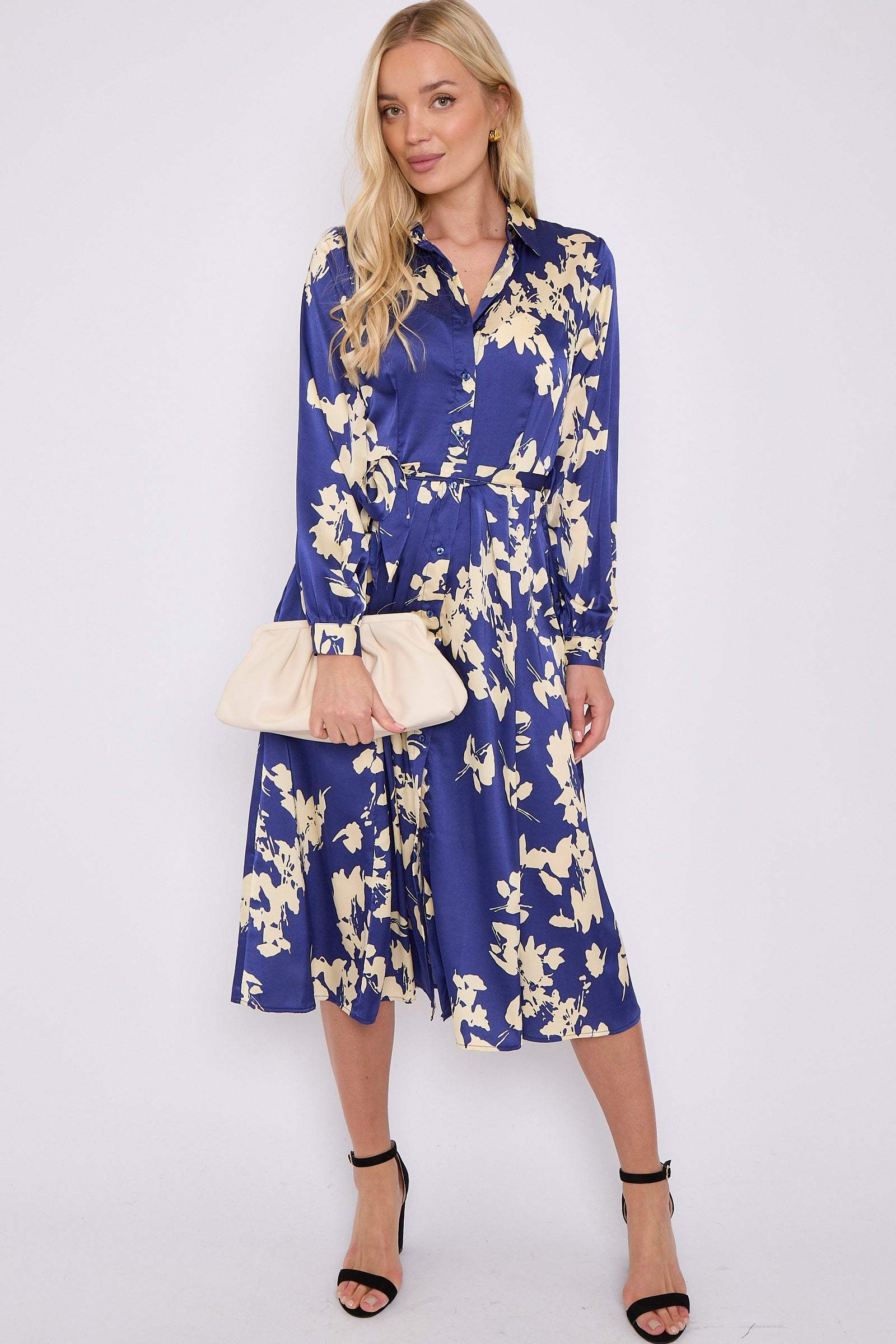 Cream Floral Blue Satin Belted Midi Shirt Dress