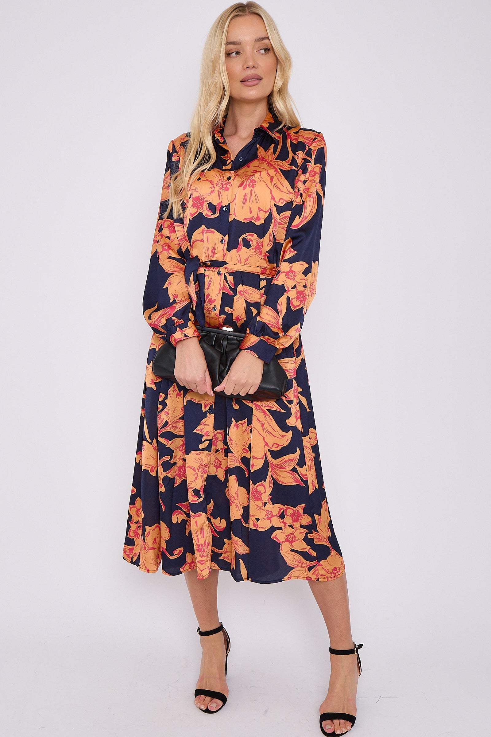 Orange Floral Navy Satin Belted Midi Shirt Dress