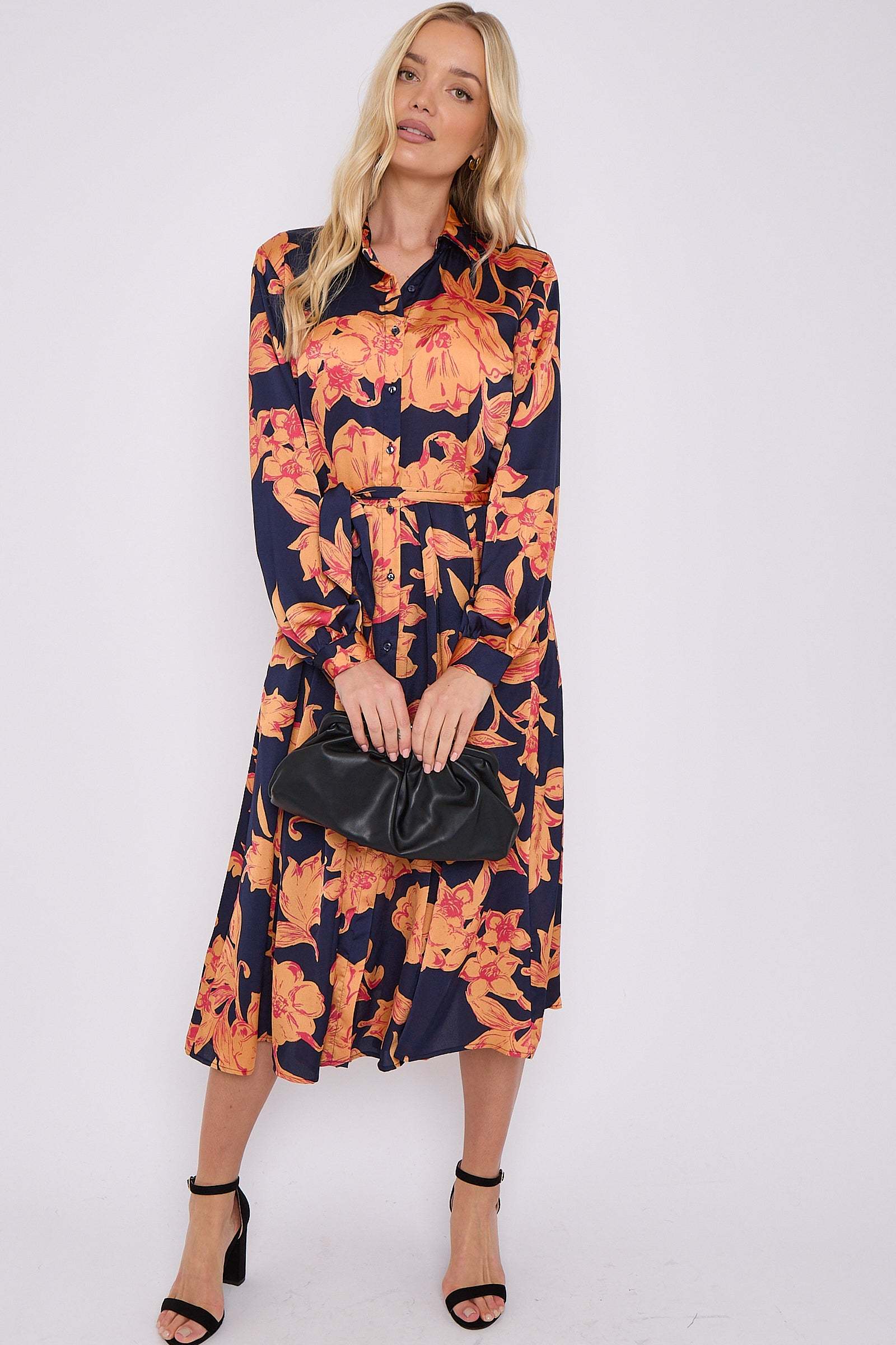 Orange Floral Navy Satin Belted Midi Shirt Dress