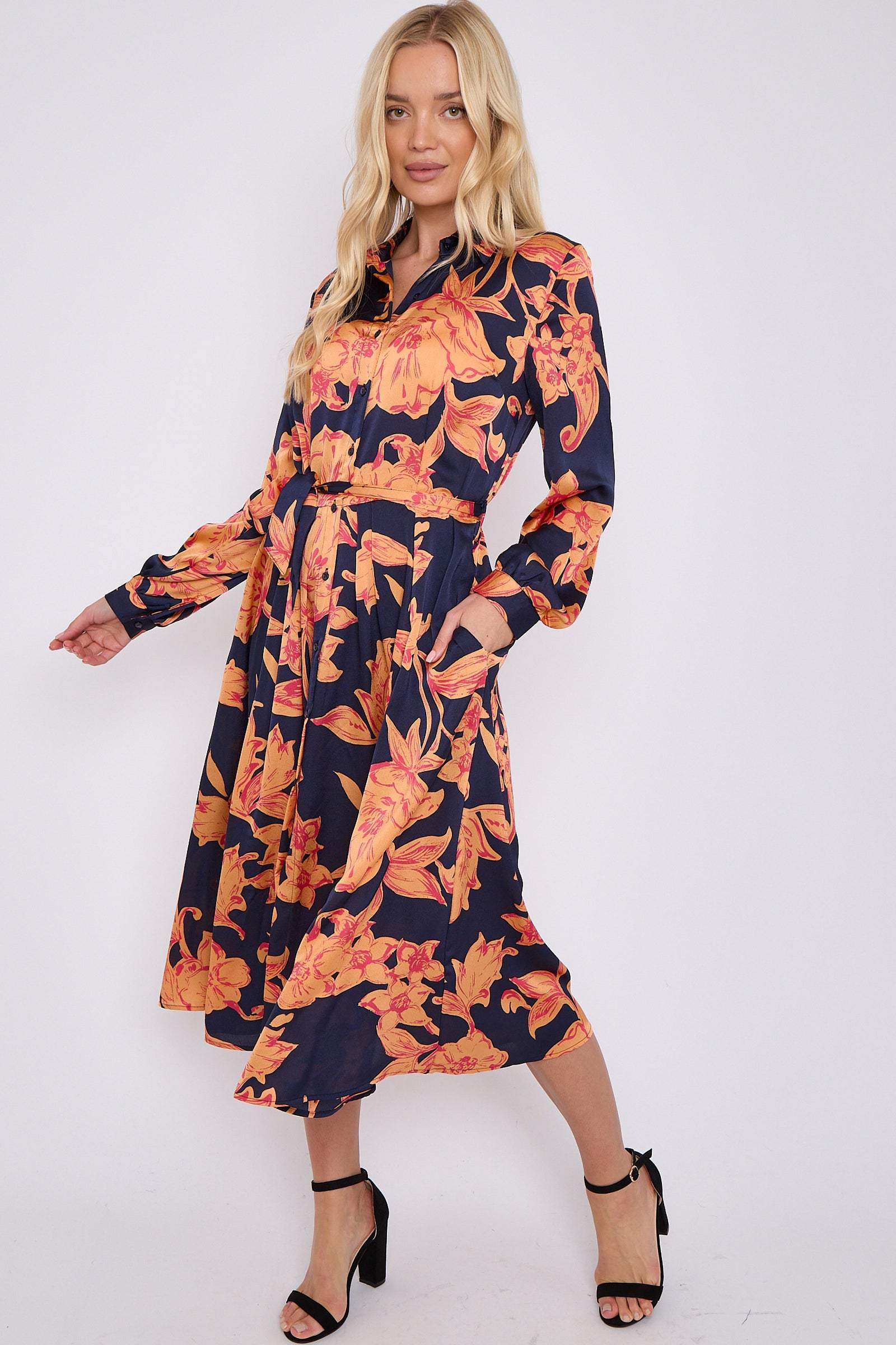 Orange Floral Navy Satin Belted Midi Shirt Dress