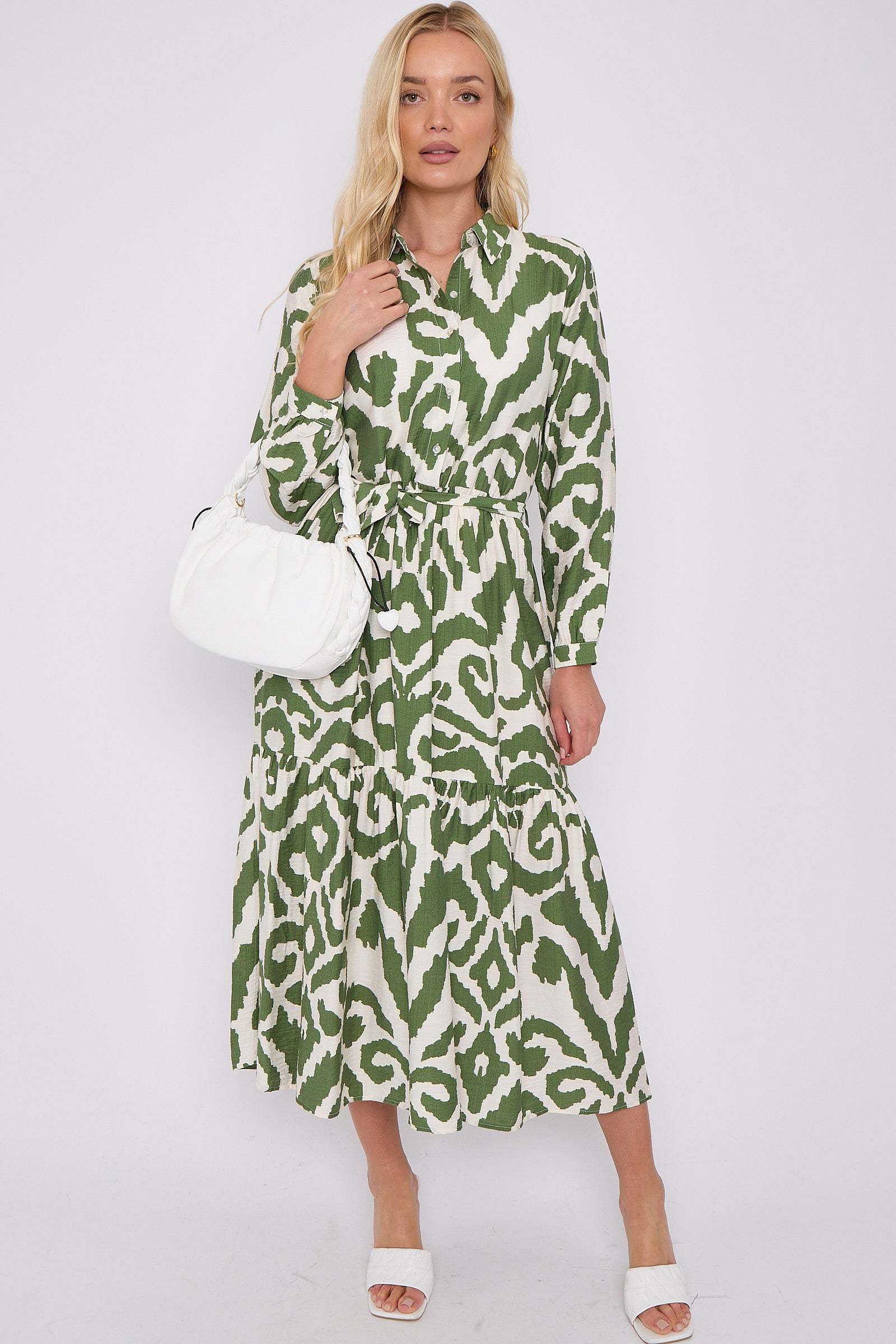 Green Pattern Print Long Sleeve Smock Maxi Dress