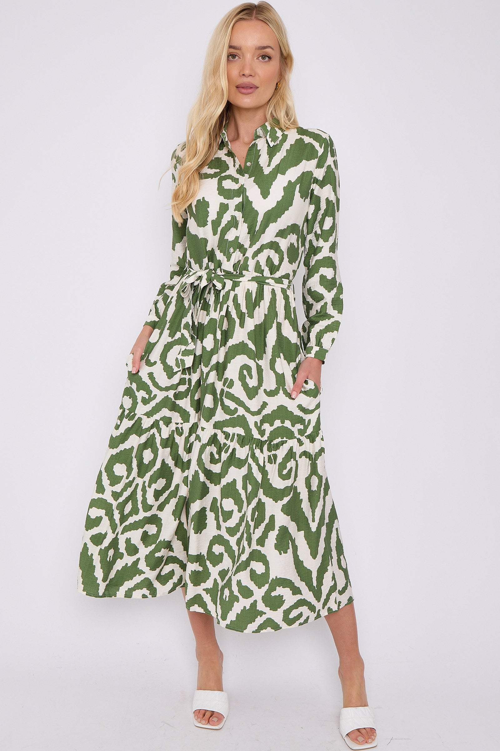 Green Pattern Print Long Sleeve Smock Maxi Dress