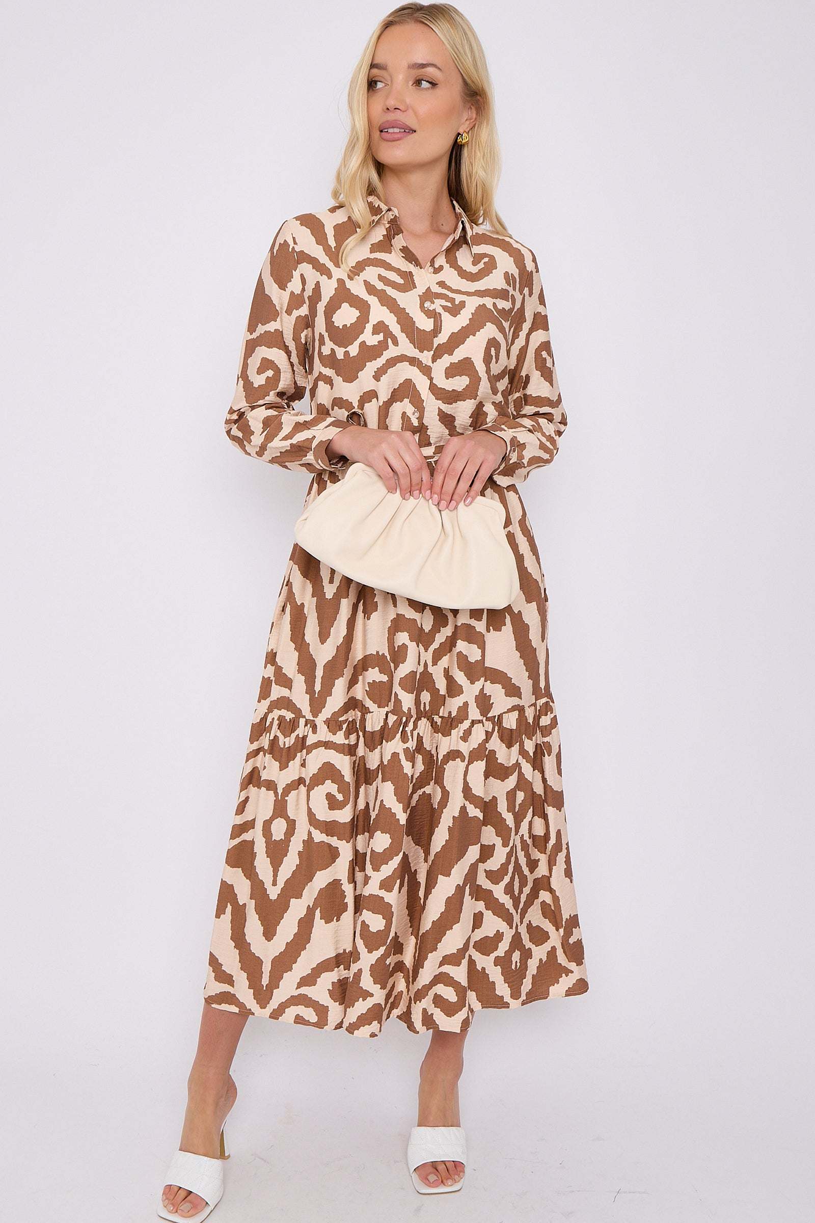 Brown Pattern Print Long Sleeve Smock Maxi Dress