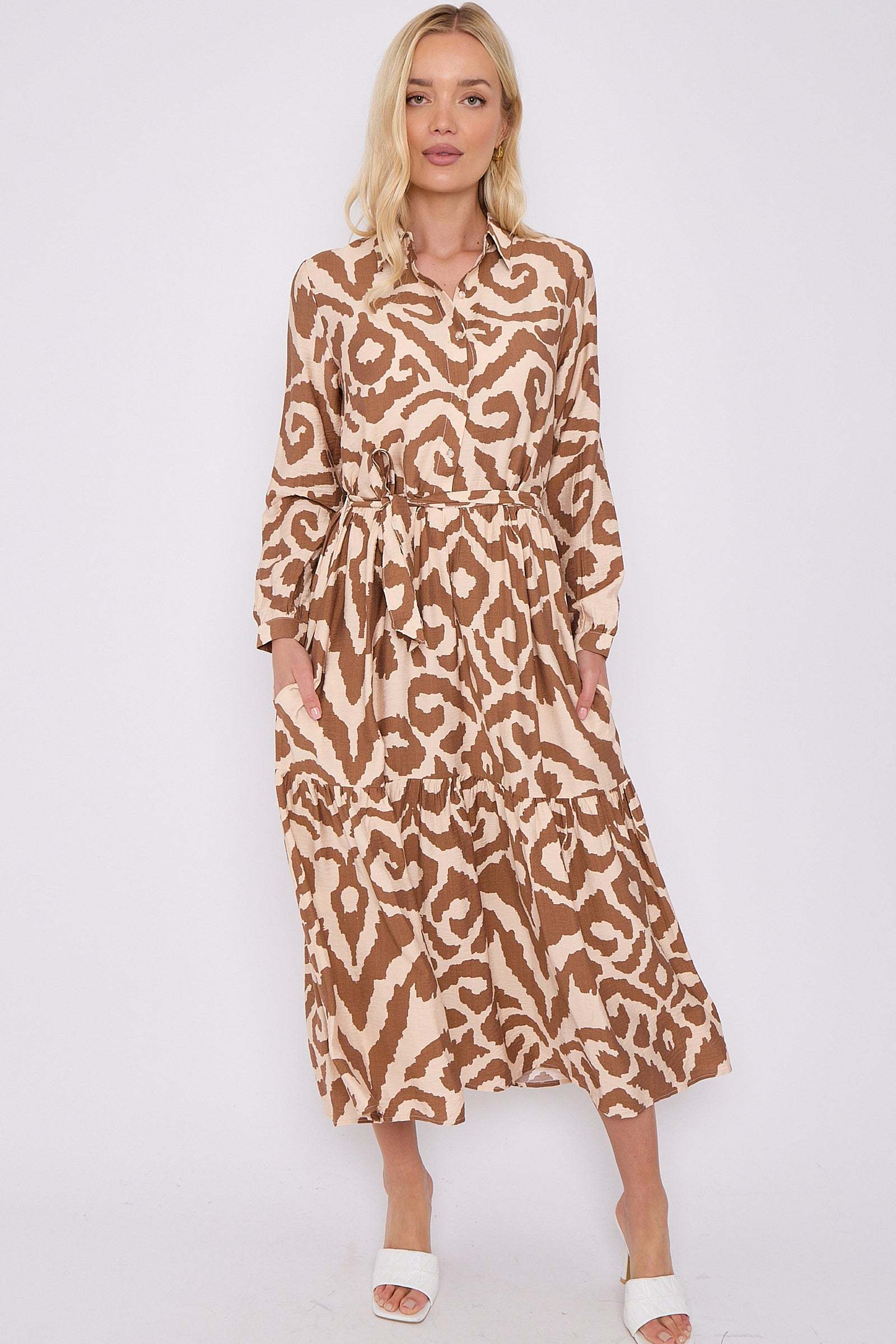 Brown Pattern Print Long Sleeve Smock Maxi Dress