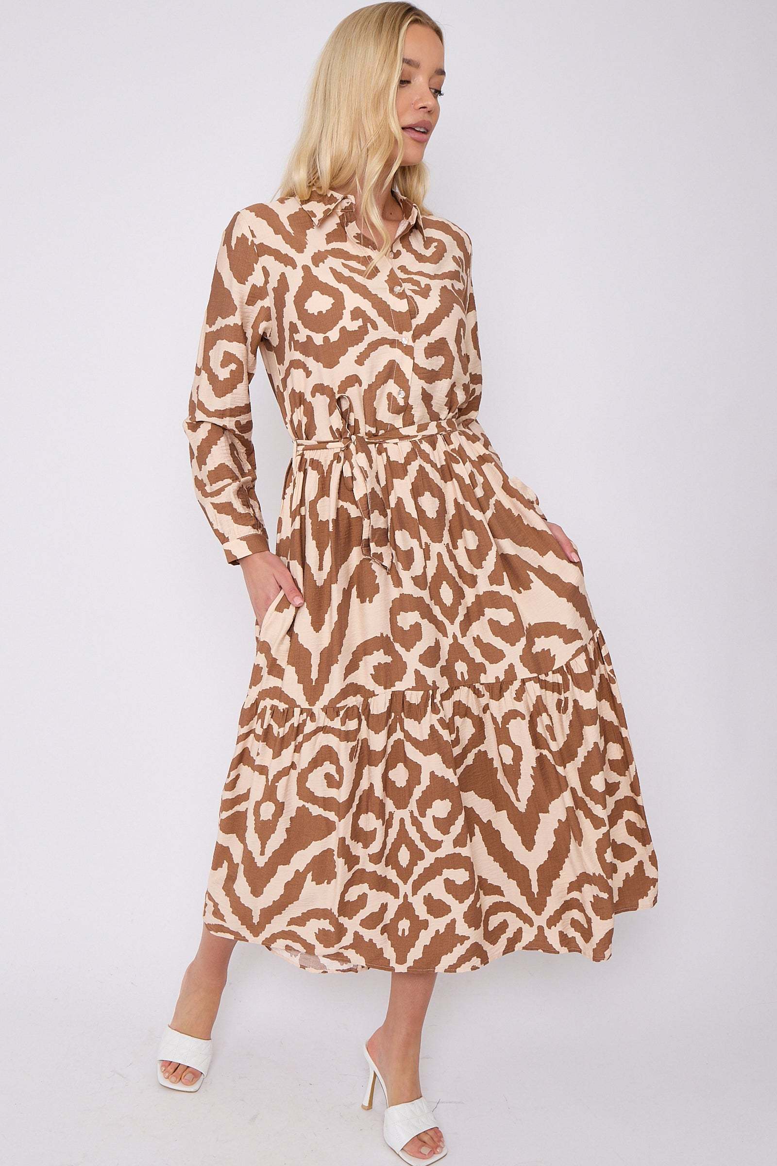 Brown Pattern Print Long Sleeve Smock Maxi Dress