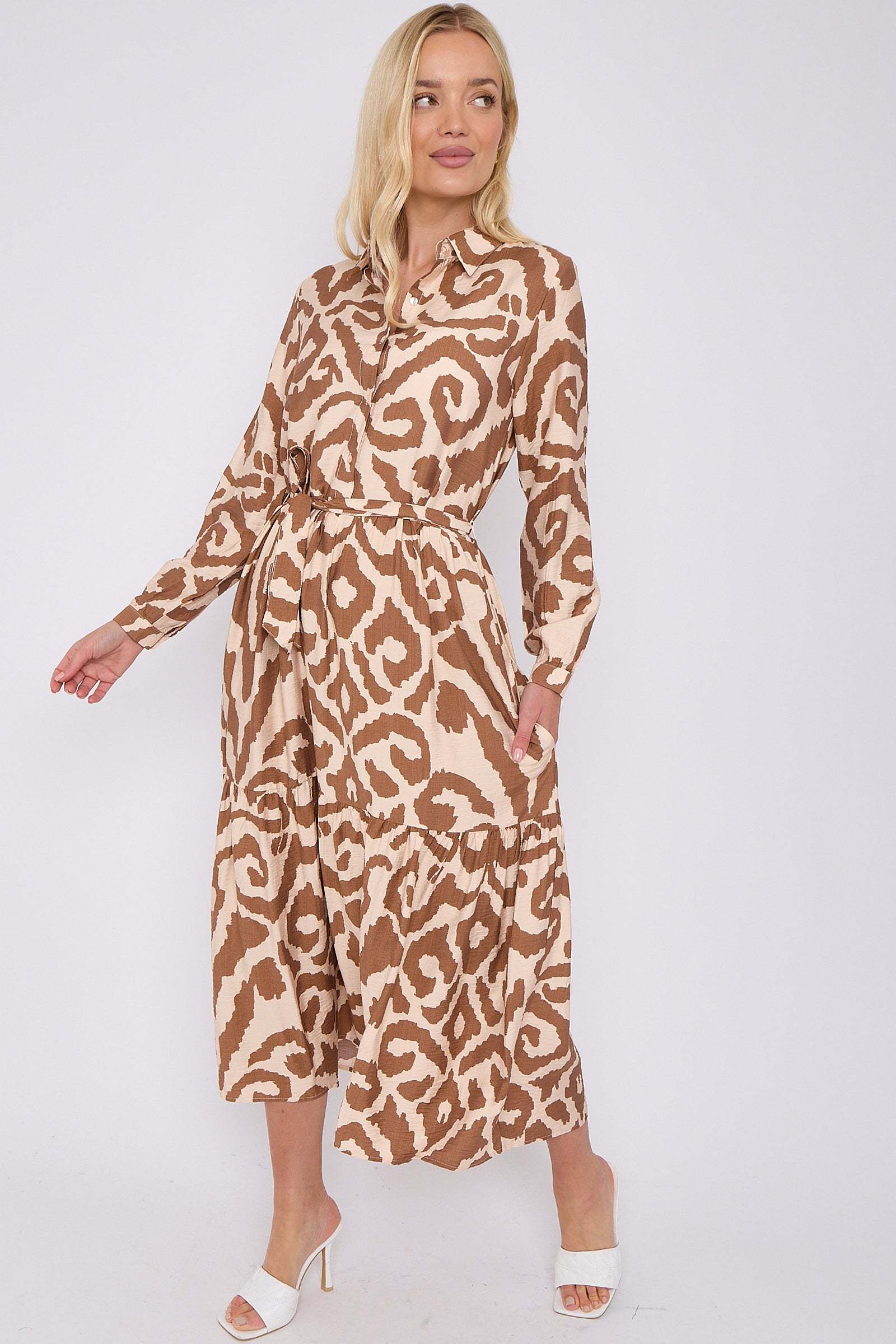 Brown Pattern Print Long Sleeve Smock Maxi Dress