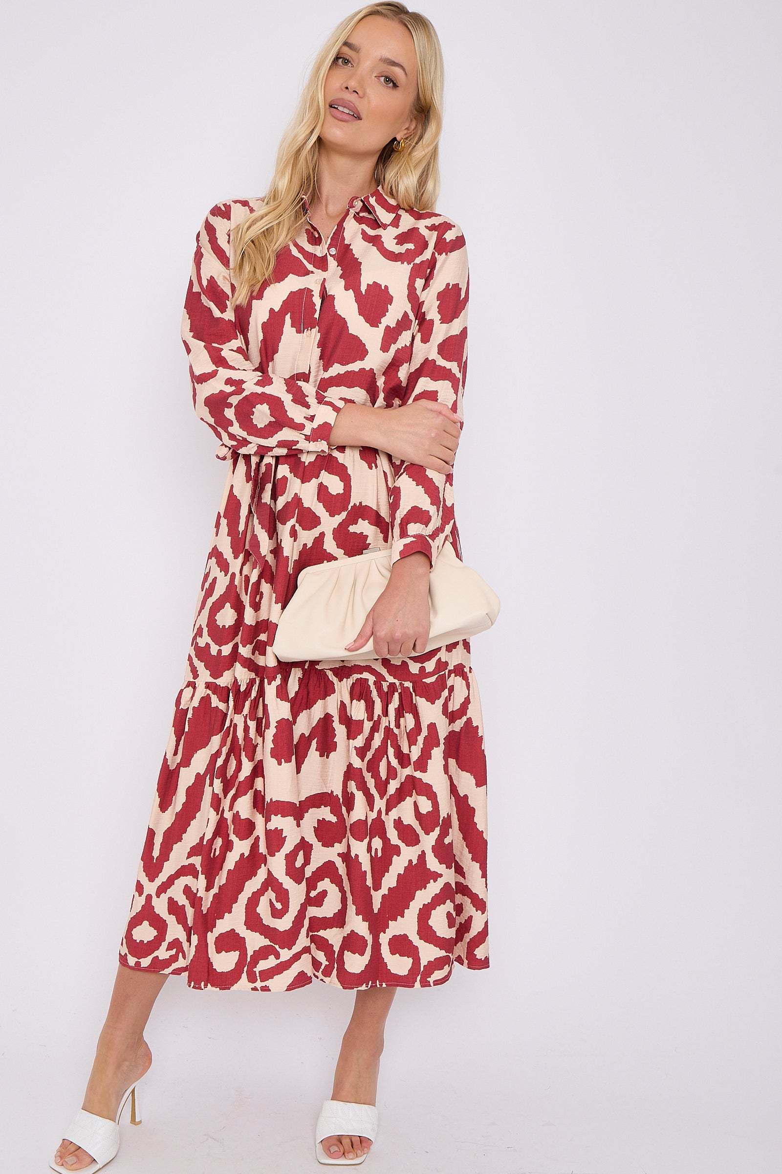 Maroon Pattern Print Long Sleeve Smock Maxi Dress