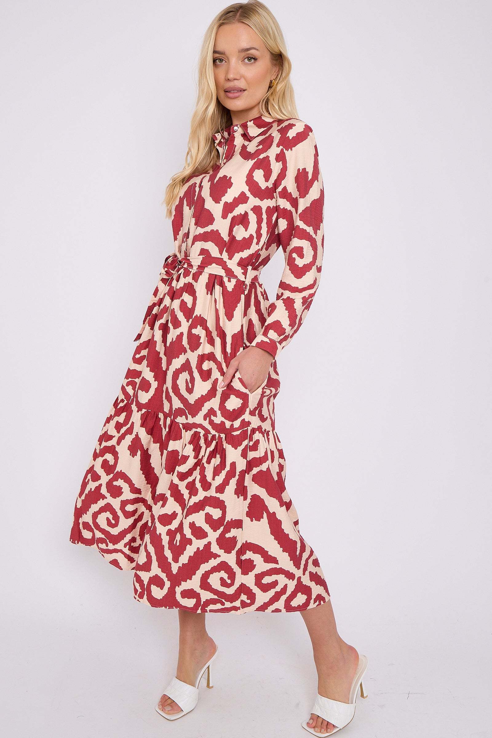 Maroon Pattern Print Long Sleeve Smock Maxi Dress