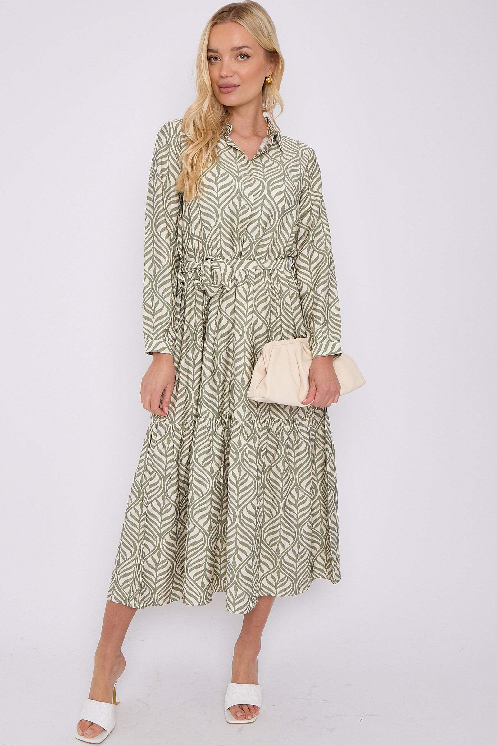 Green Leaf Pattern Long Sleeve Smock Maxi Dress