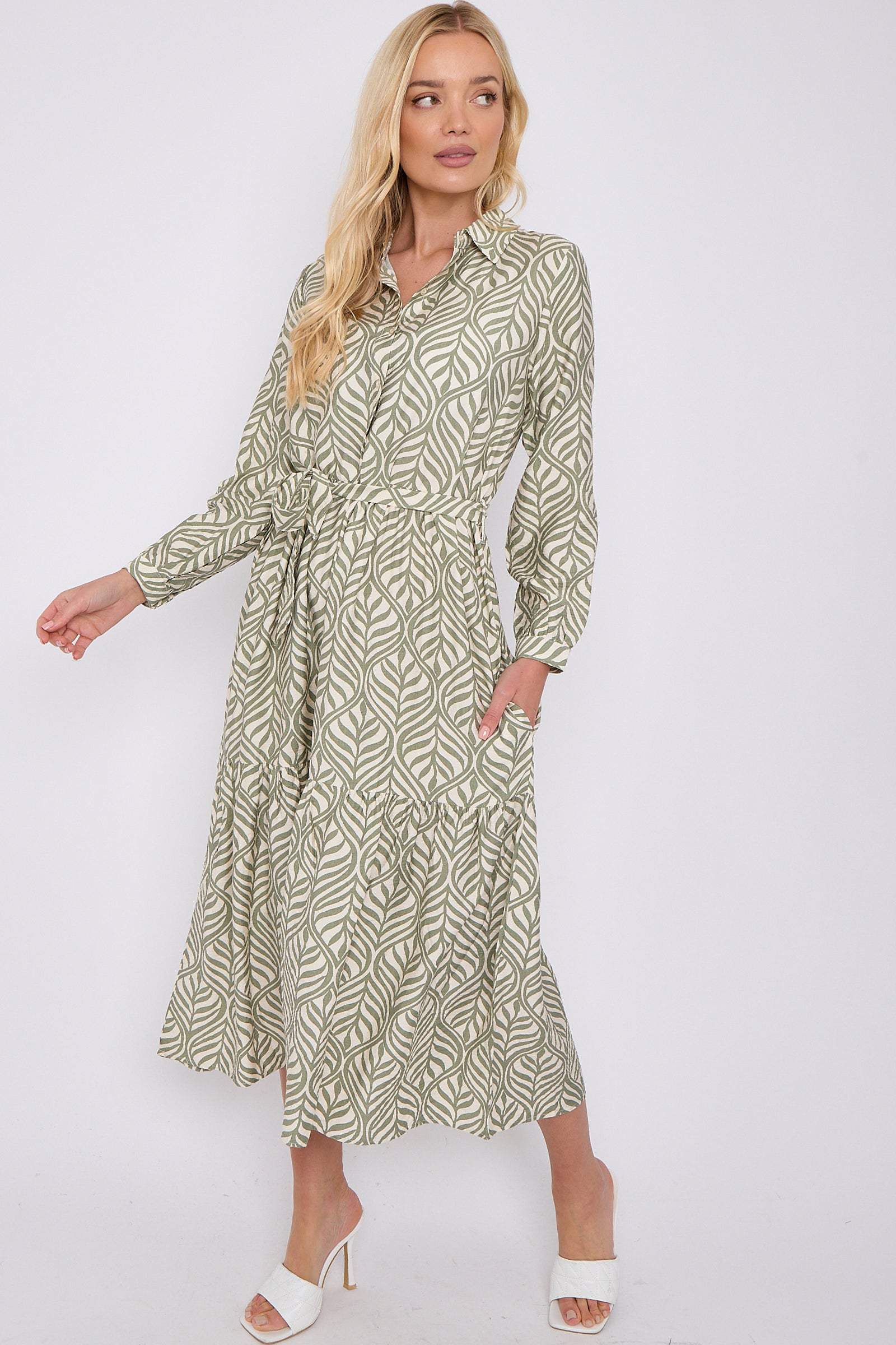 Green Leaf Pattern Long Sleeve Smock Maxi Dress