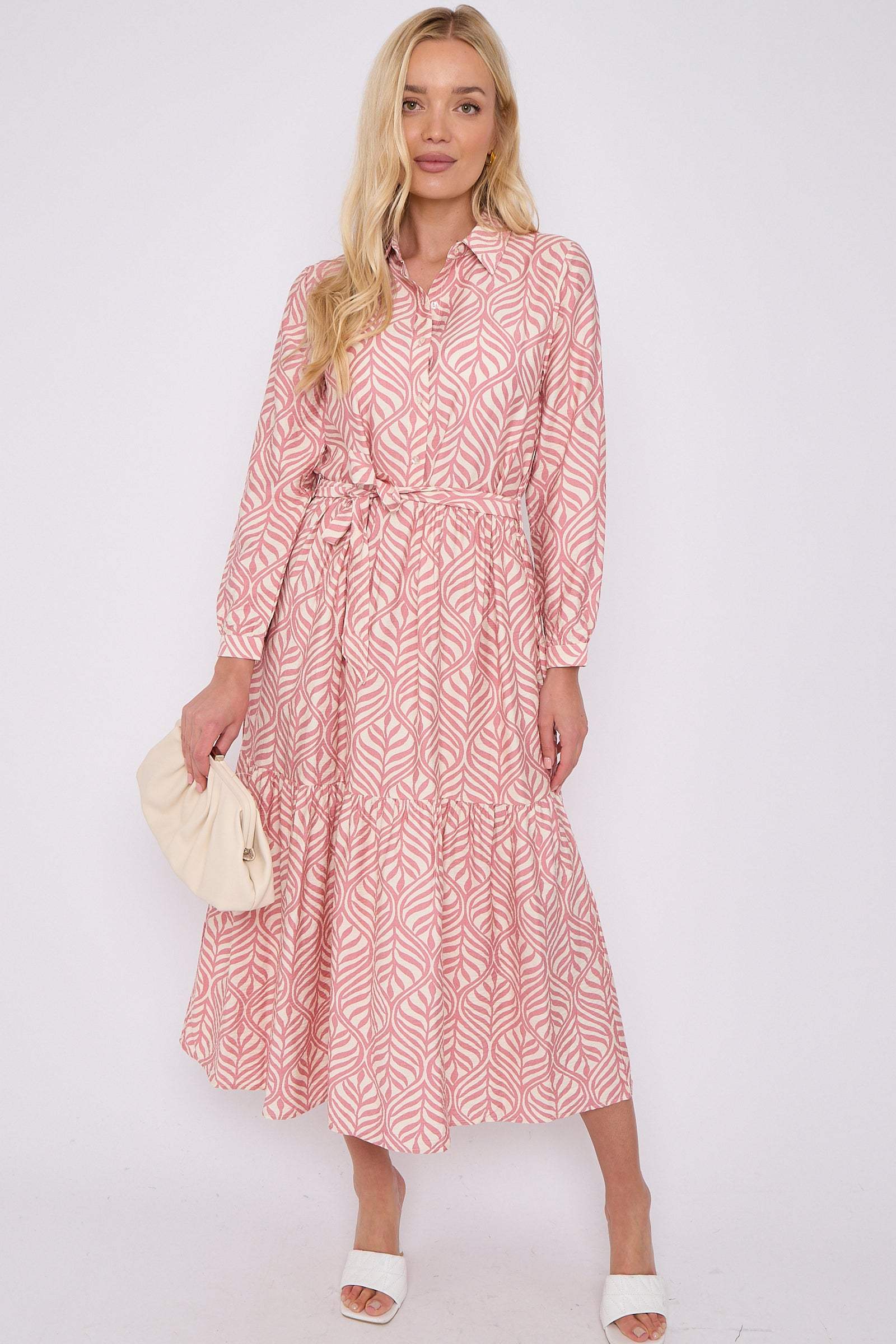 Pink Leaf Pattern Long Sleeve Smock Maxi Dress