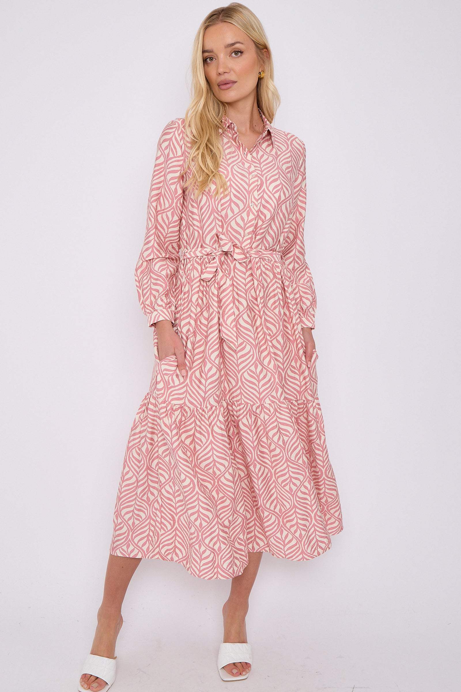 Pink Leaf Pattern Long Sleeve Smock Maxi Dress