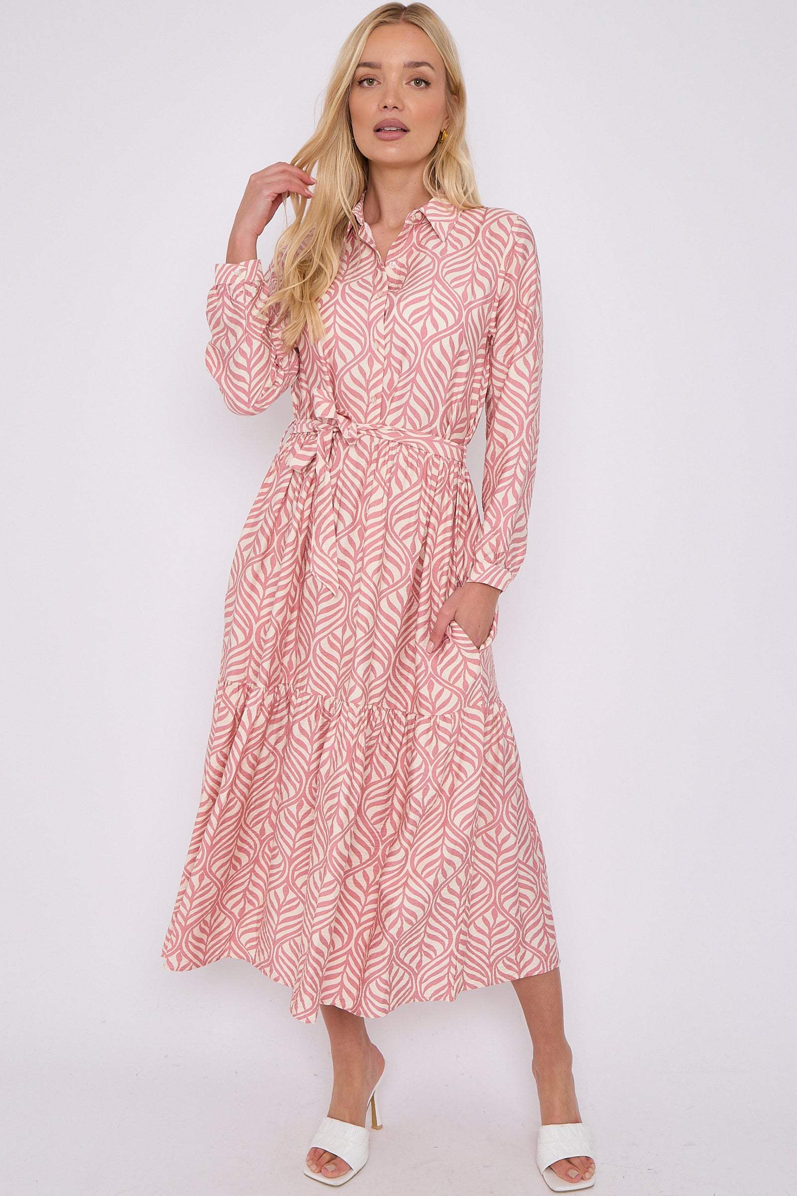 Pink Leaf Pattern Long Sleeve Smock Maxi Dress