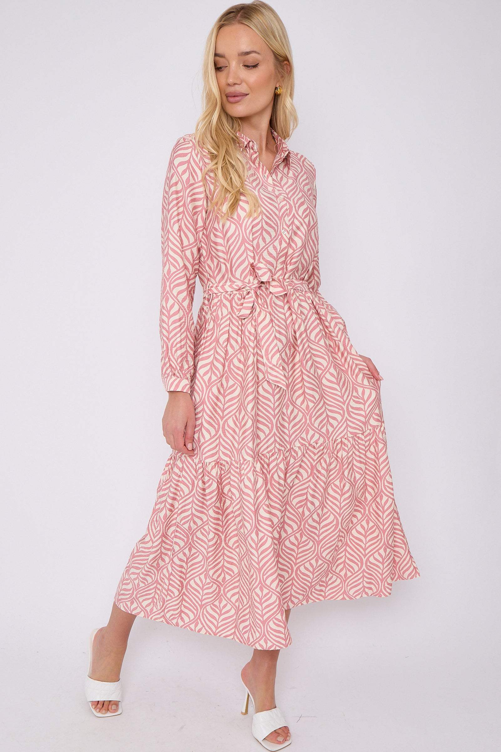 Pink Leaf Pattern Long Sleeve Smock Maxi Dress