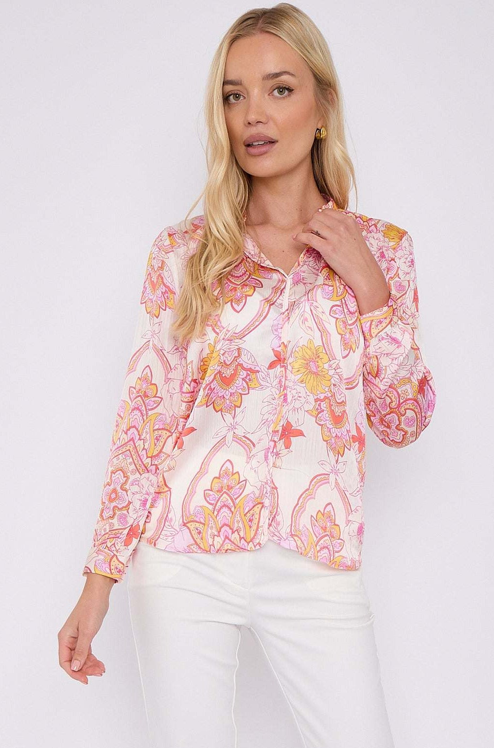 Pink Paisley Print Crepe Satin Blouse