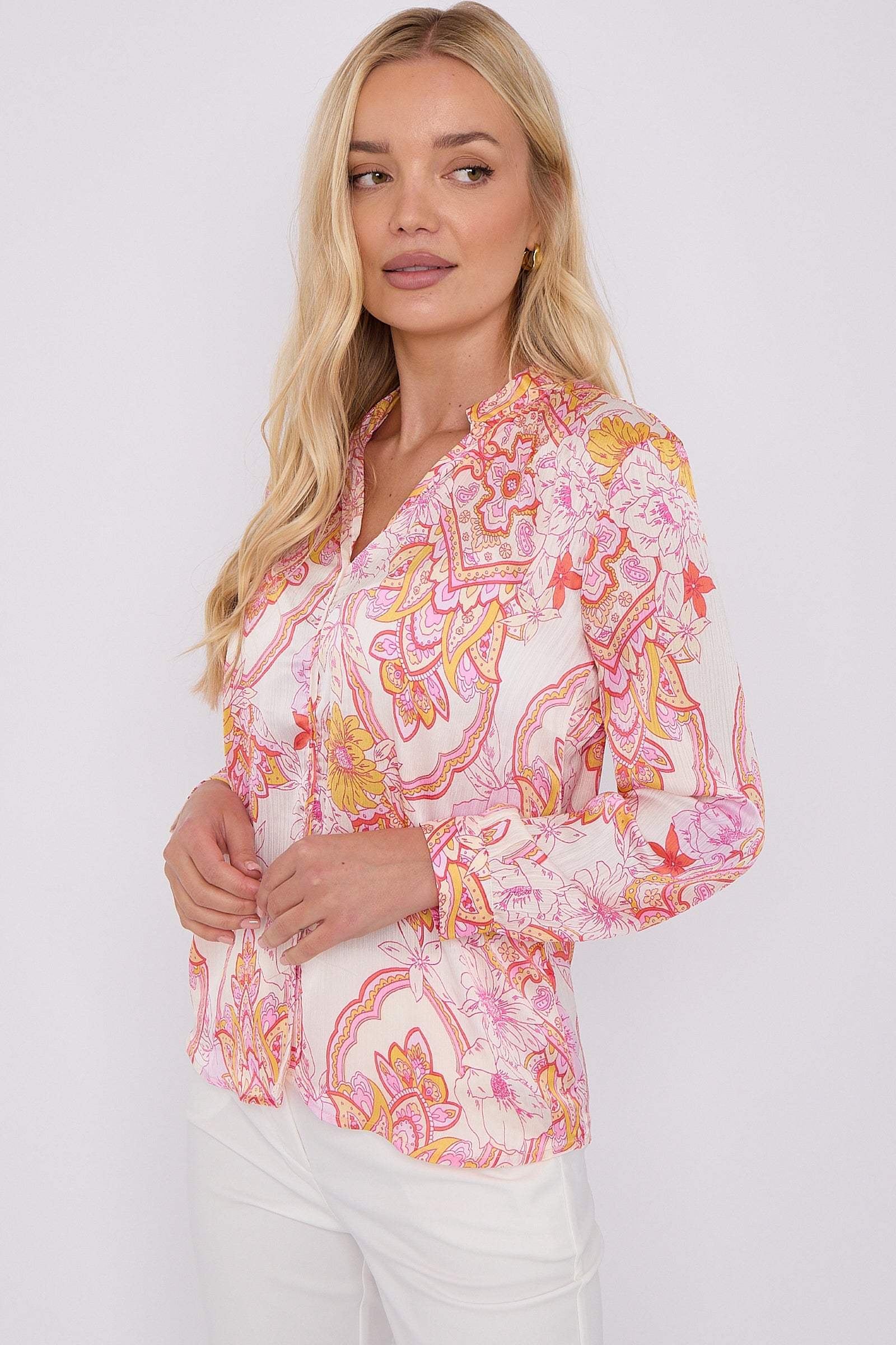 Pink Paisley Print Crepe Satin Blouse