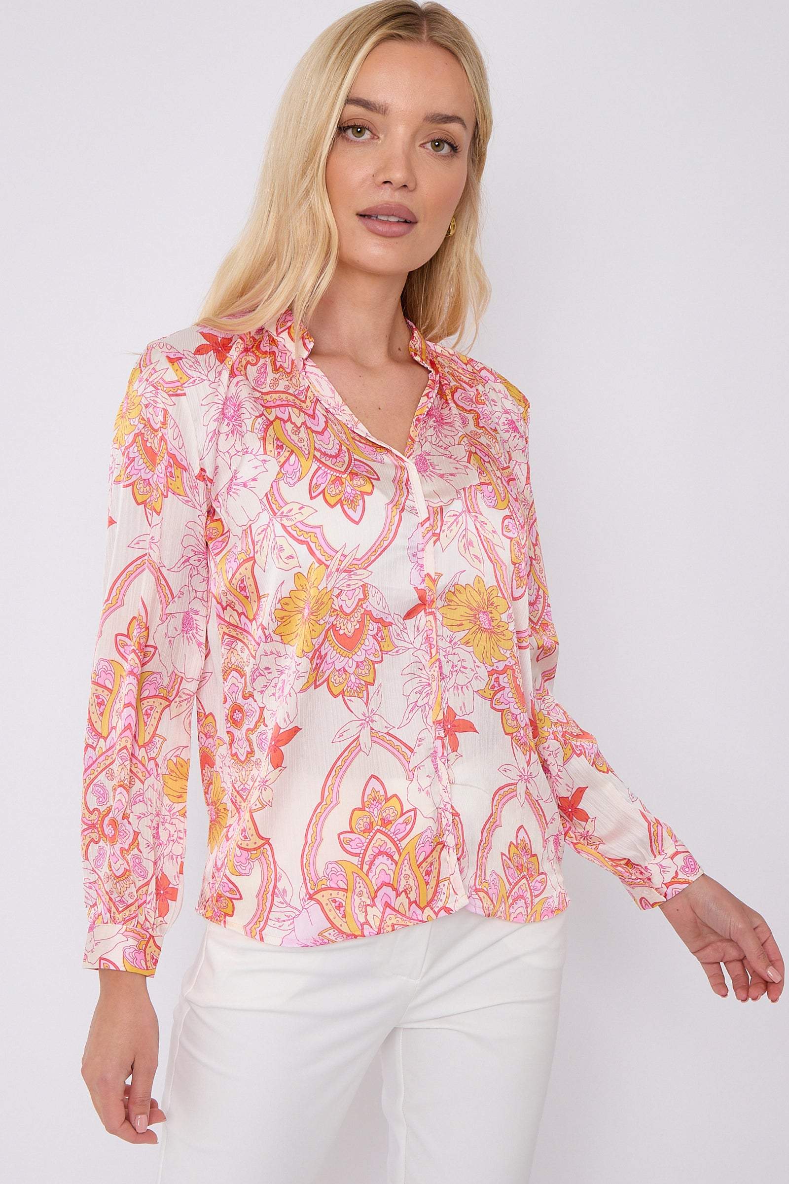 Pink Paisley Print Crepe Satin Blouse