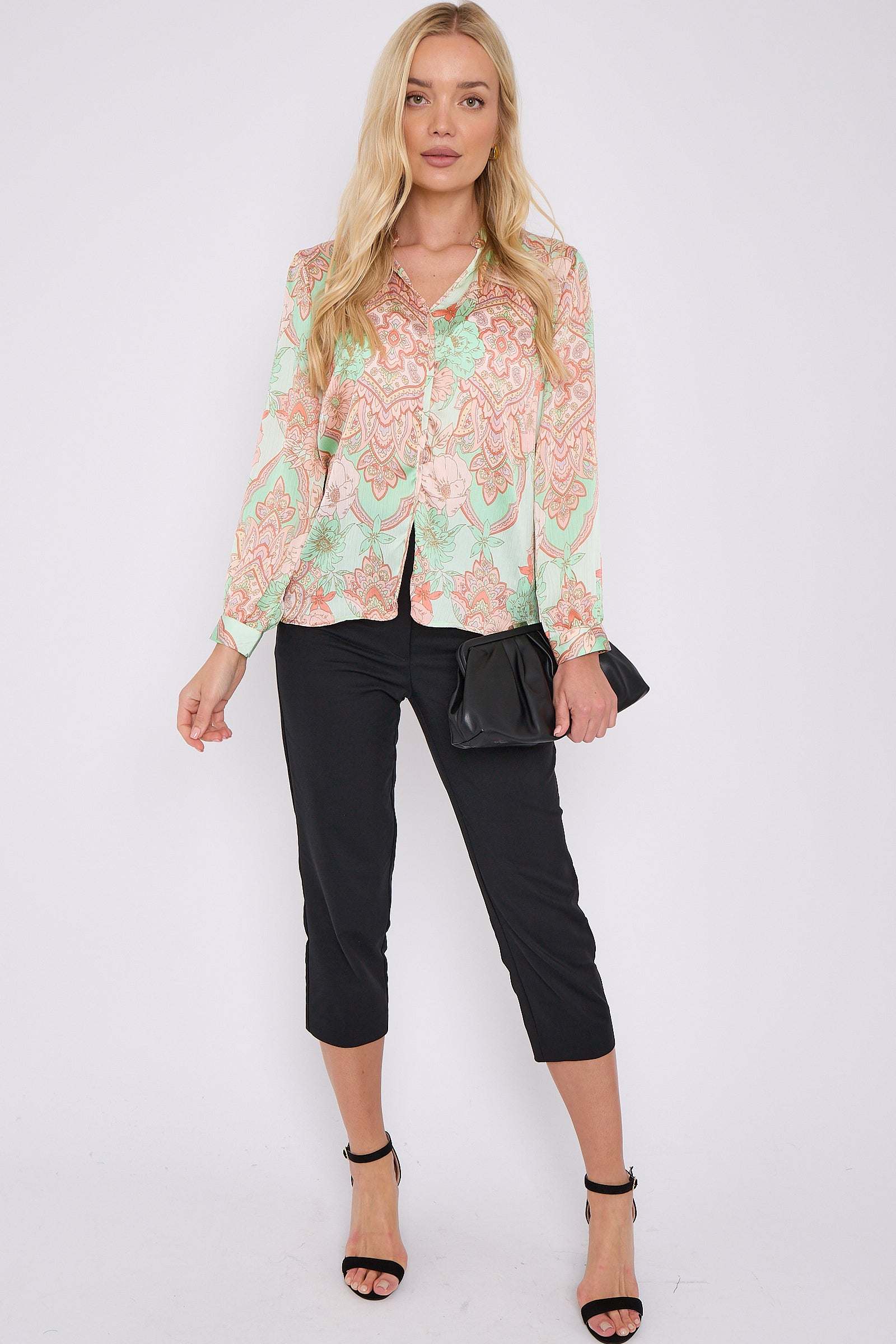 Green Paisley Print Crepe Satin Blouse