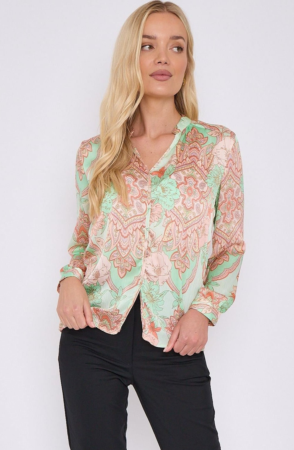 Green Paisley Print Crepe Satin Blouse