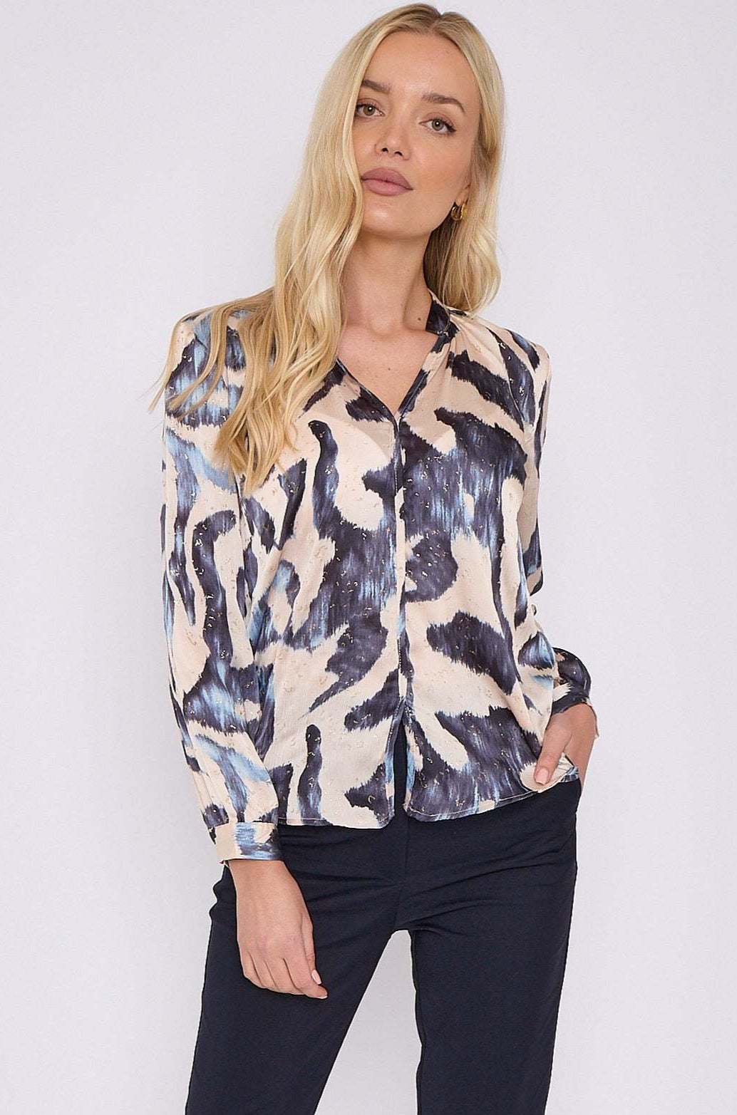 Navy Abstract Print Gold Dotted Blouse