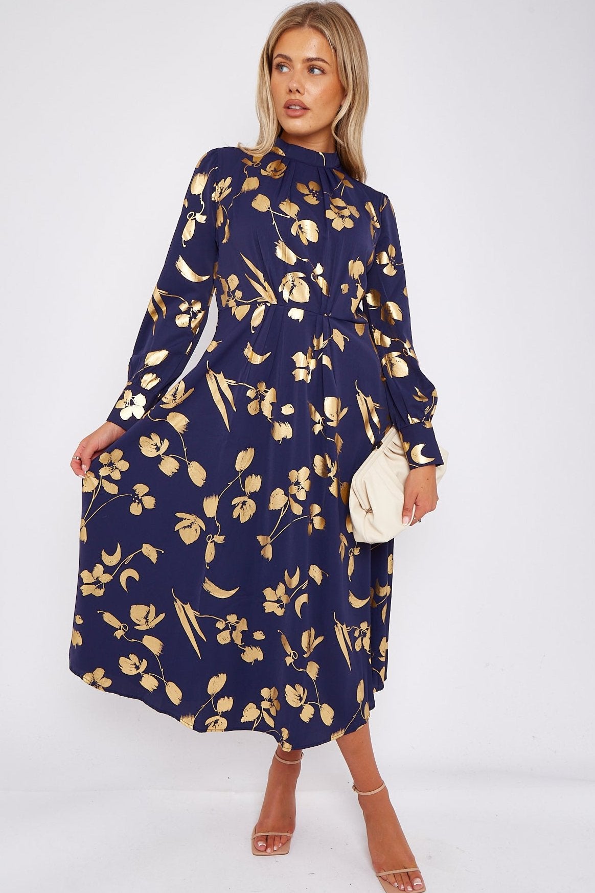 Gold Foil Floral Print Pleated Skirt Maxi Dress