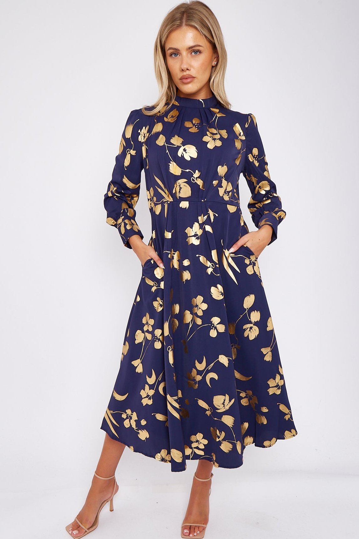 Gold Foil Floral Print Pleated Skirt Maxi Dress