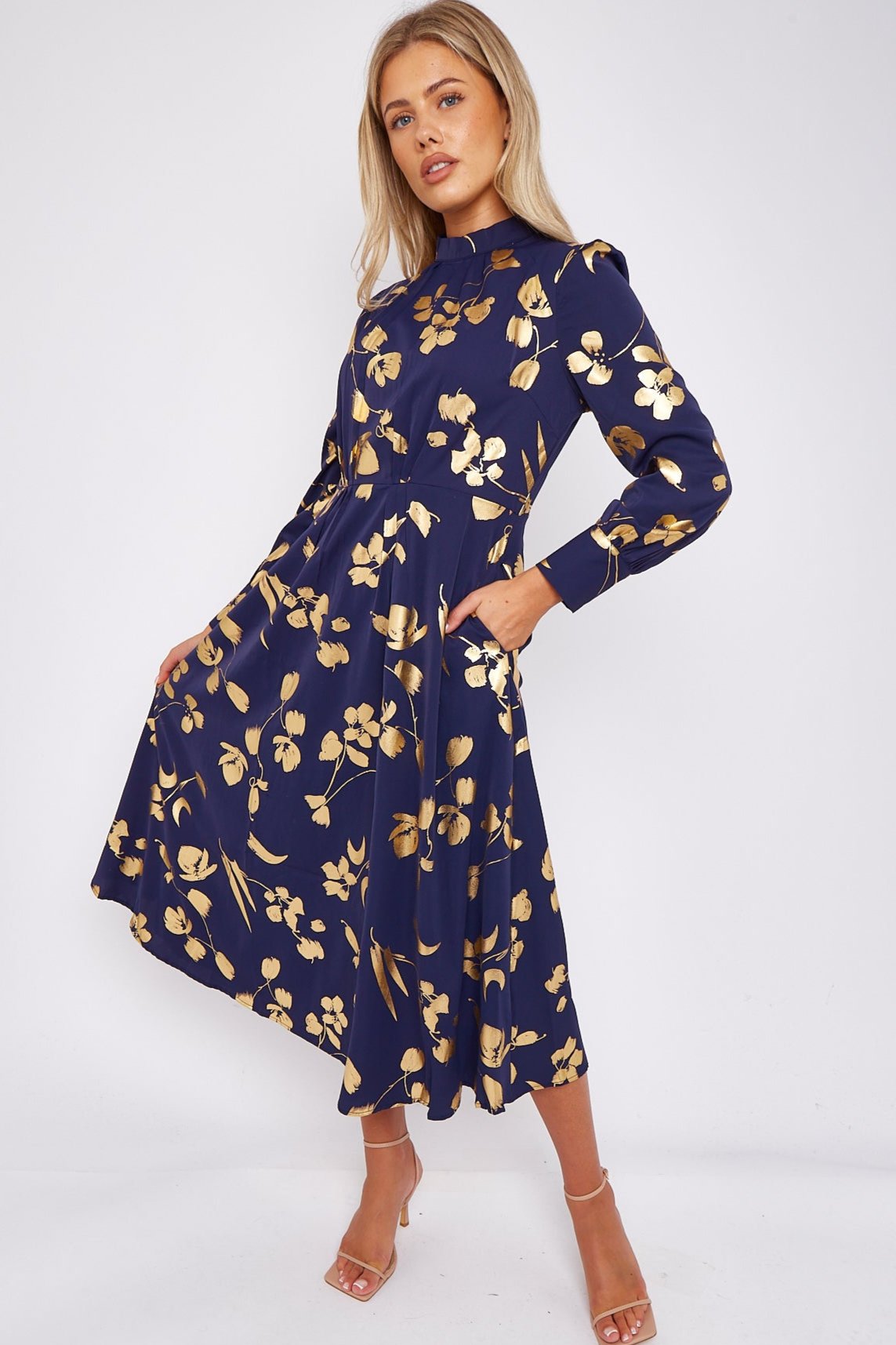 Gold Foil Floral Print Pleated Skirt Maxi Dress