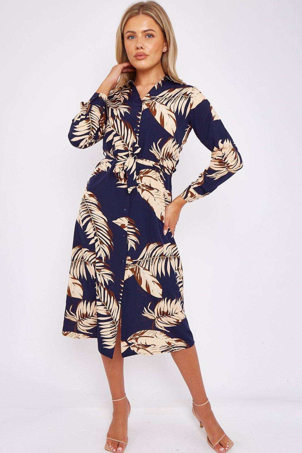 Navy Palm Leaf Print A Line Midi Dress