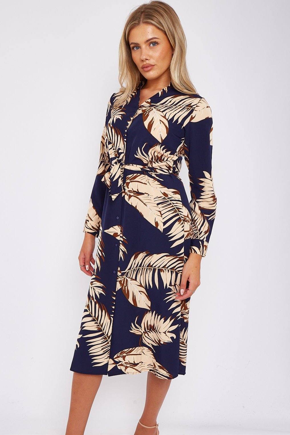 Navy Palm Leaf Print A Line Midi Dress