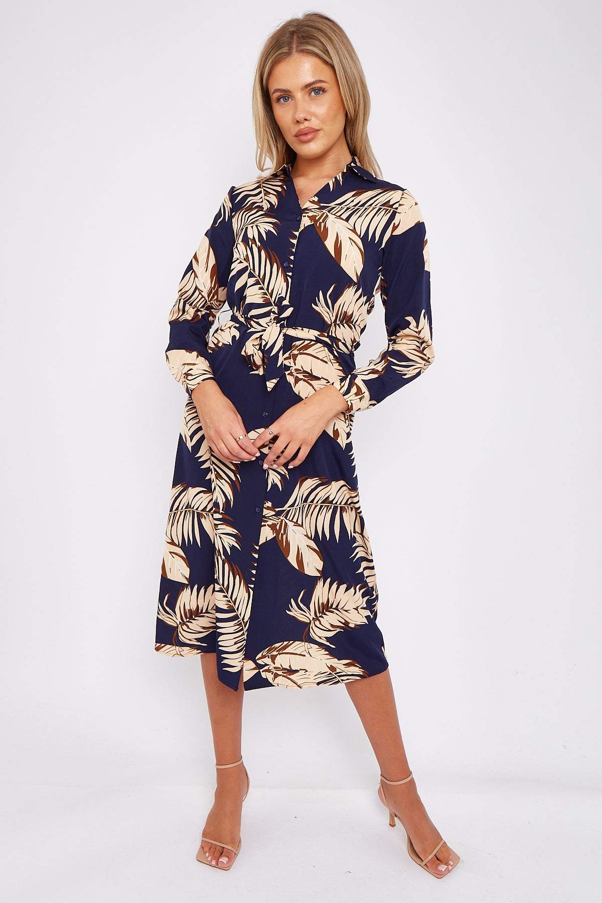 Navy Palm Leaf Print A Line Midi Dress