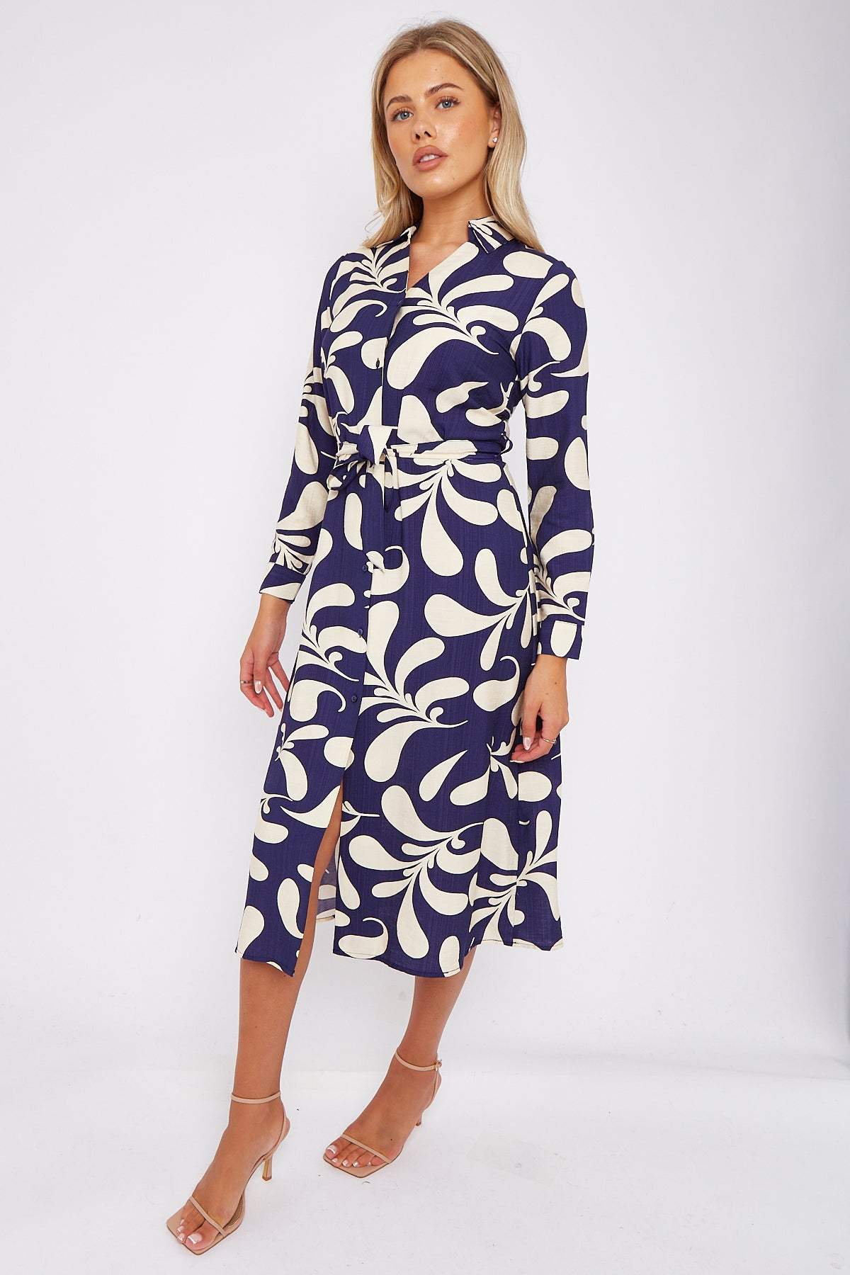 Navy and Cream Abstract Print Midi Dress