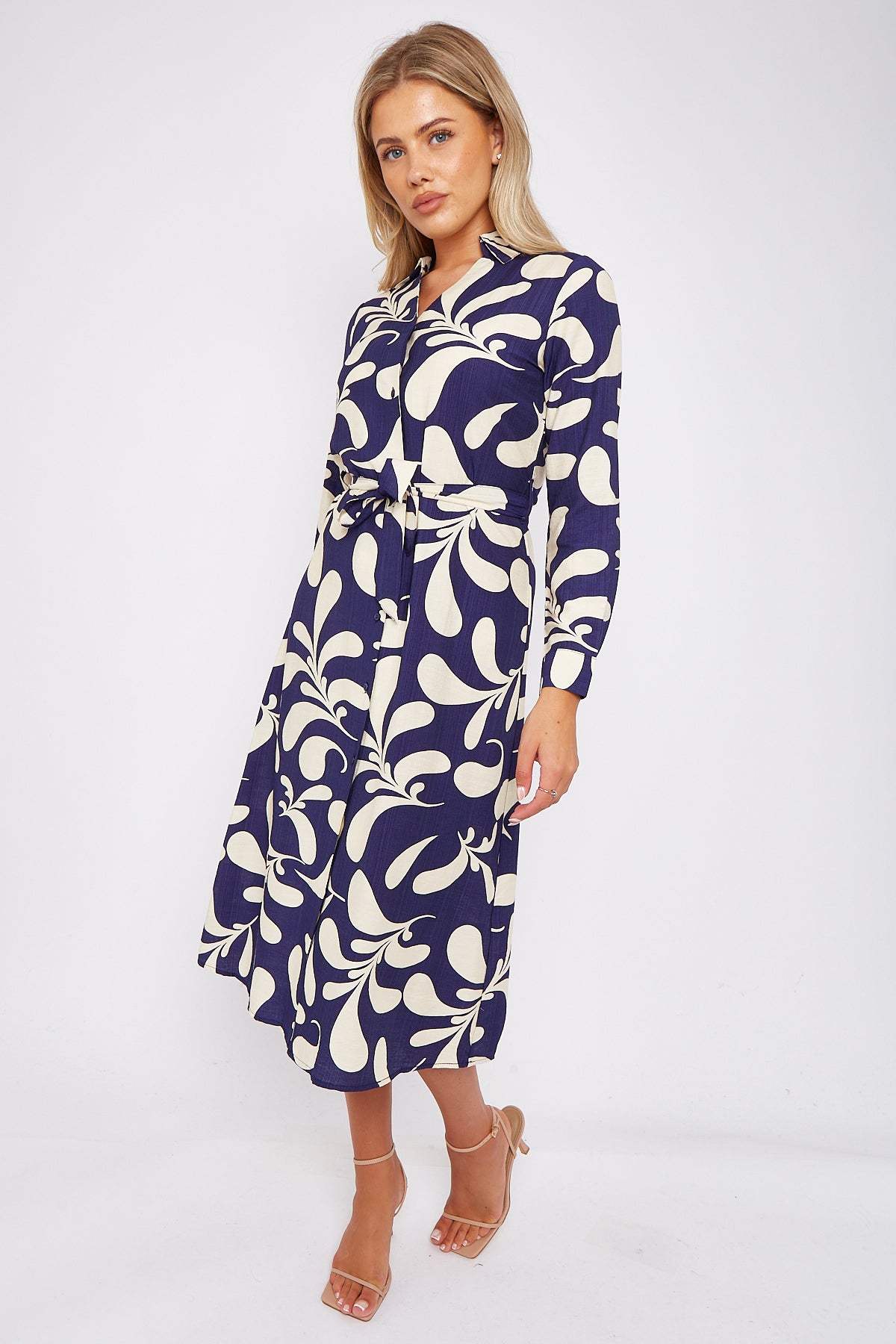 Navy and Cream Abstract Print Midi Dress