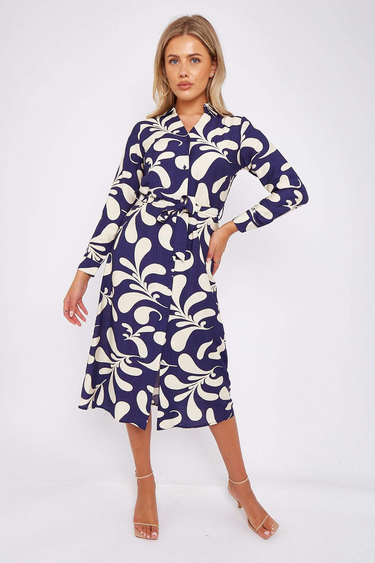 Navy and Cream Abstract Print Midi Dress