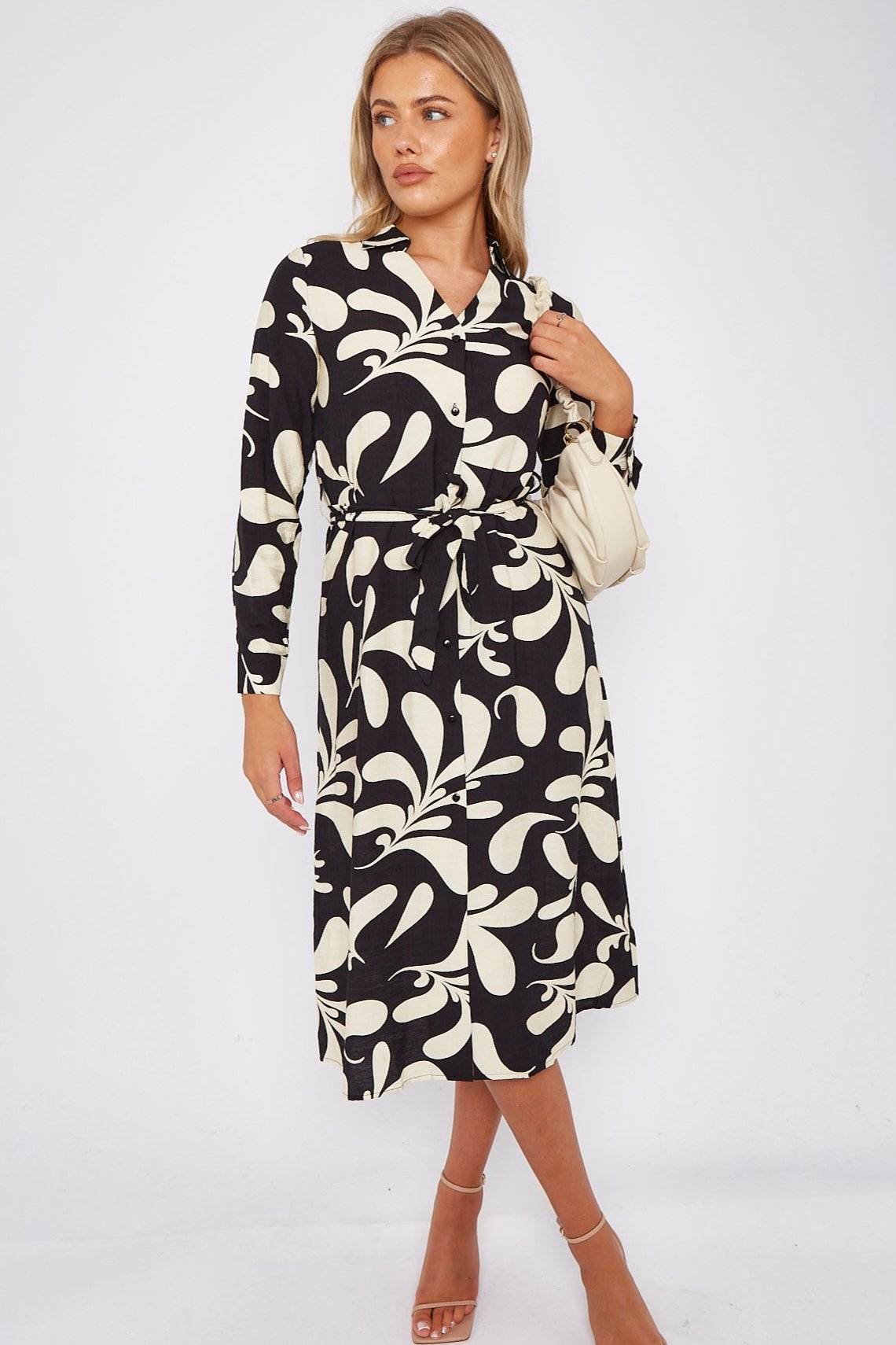 Black and Cream Abstract Print Midi Dress