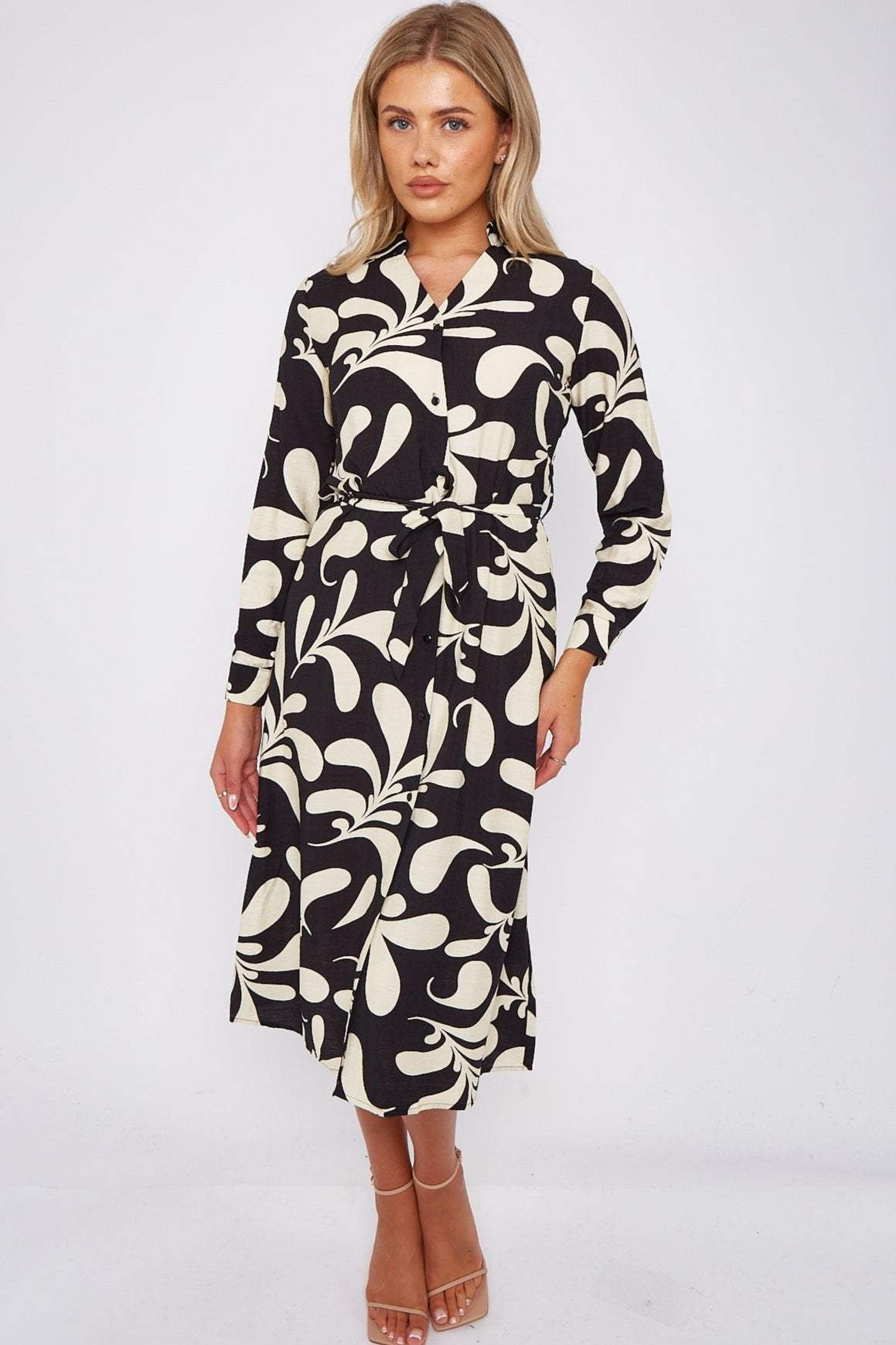 Black and Cream Abstract Print Midi Dress