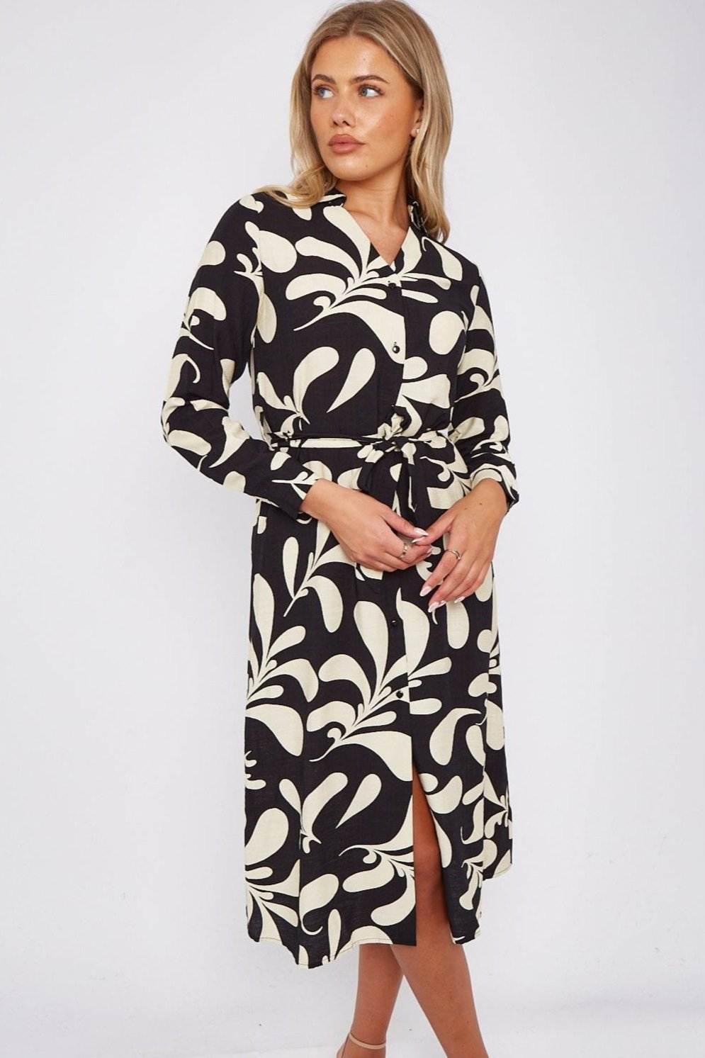 Black and Cream Abstract Print Midi Dress