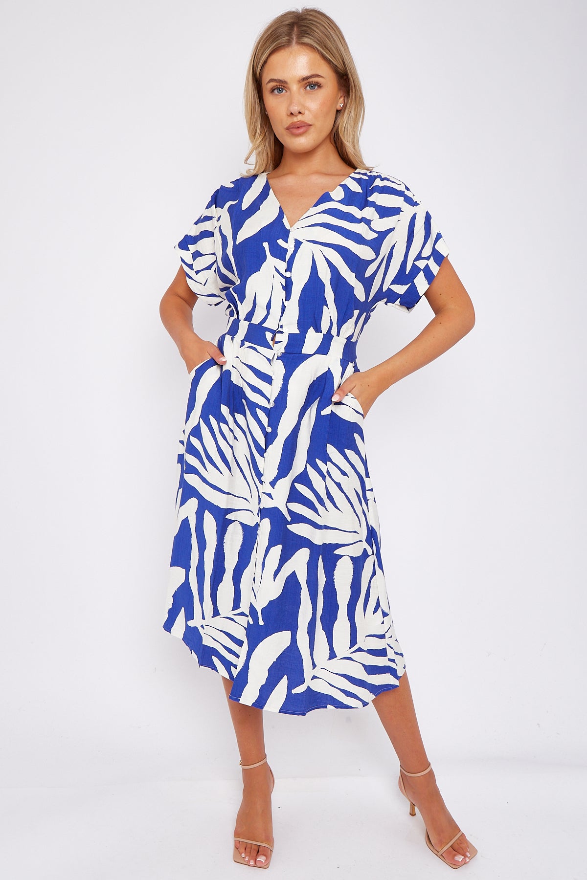 Blue Leaf Print Short Sleeve V Neck Midi Dress