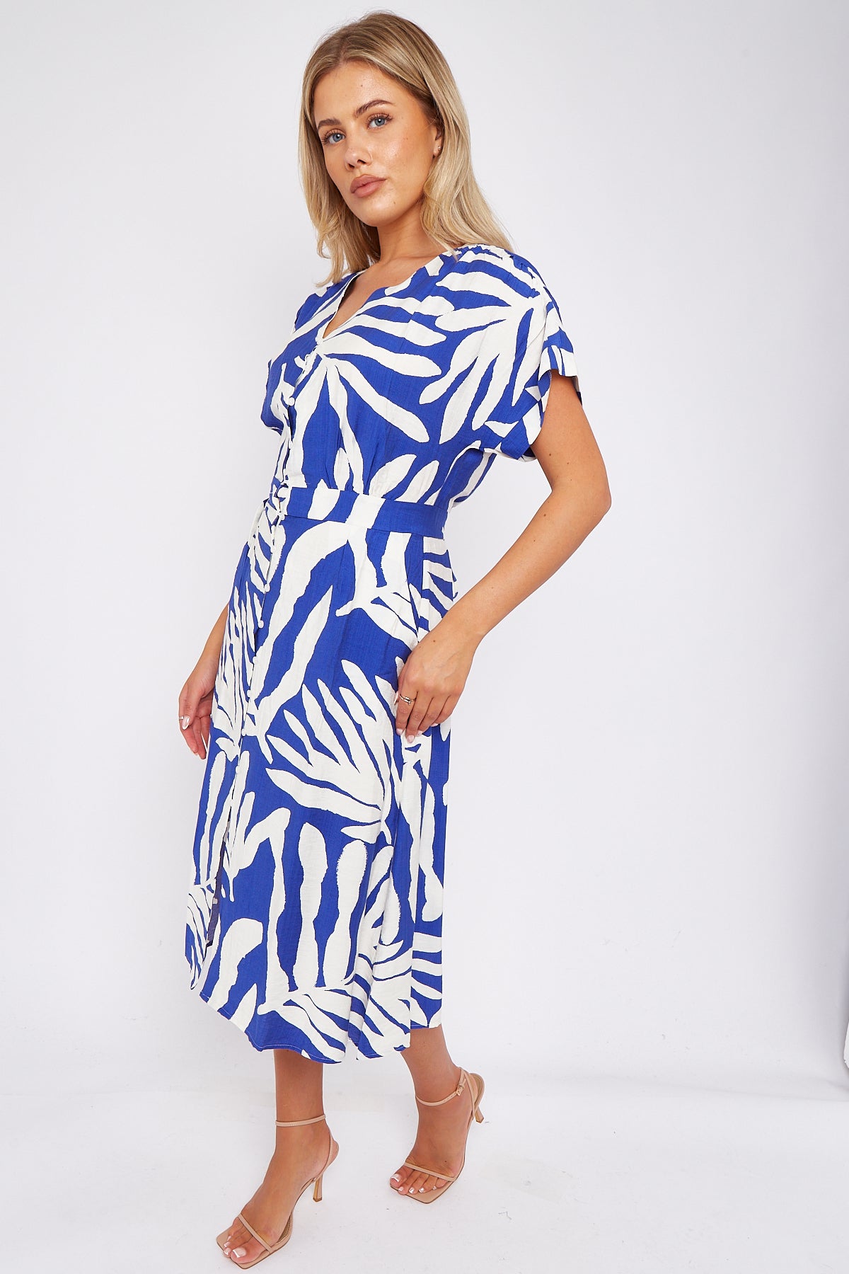 Blue Leaf Print Short Sleeve V Neck Midi Dress