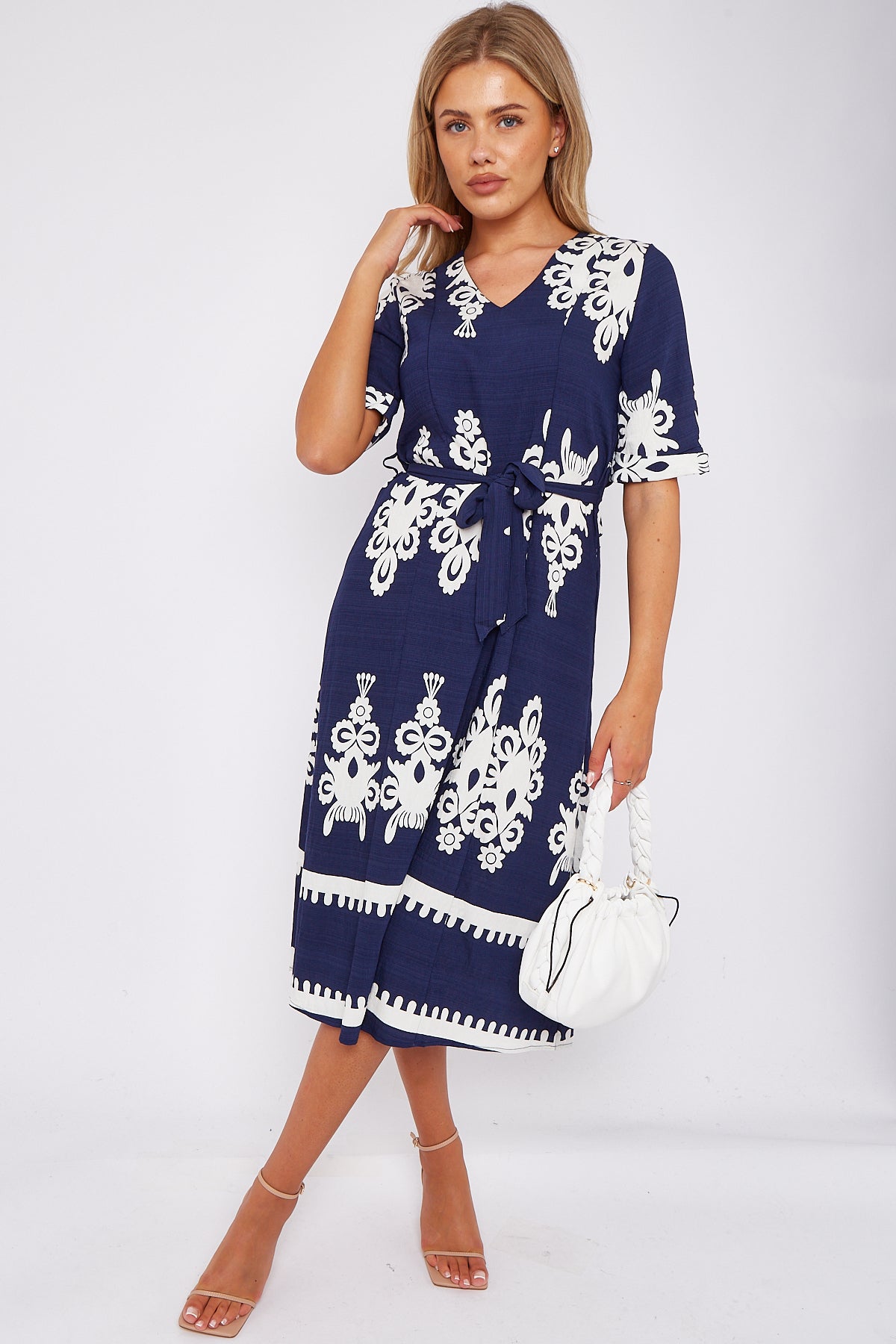 Navy Pattern Print Short Sleeve Midi Dress