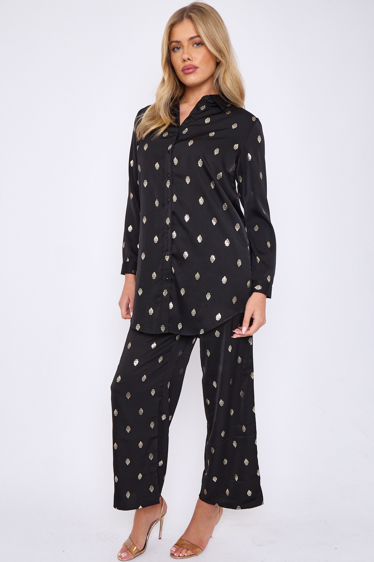 Gold Foil Pattern Print Co-ord Shirt and Trousers Set