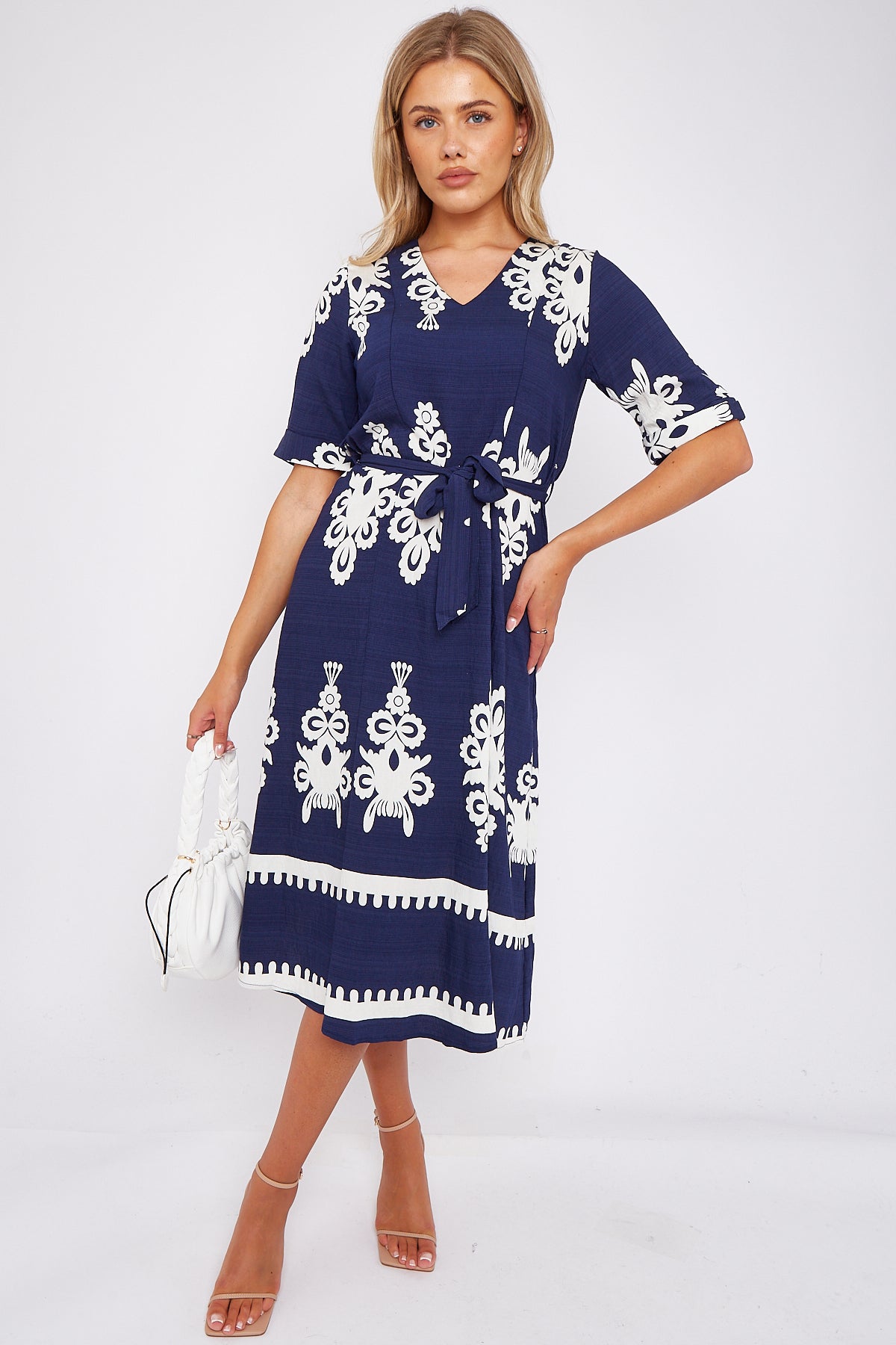 Navy Pattern Print Short Sleeve Midi Dress