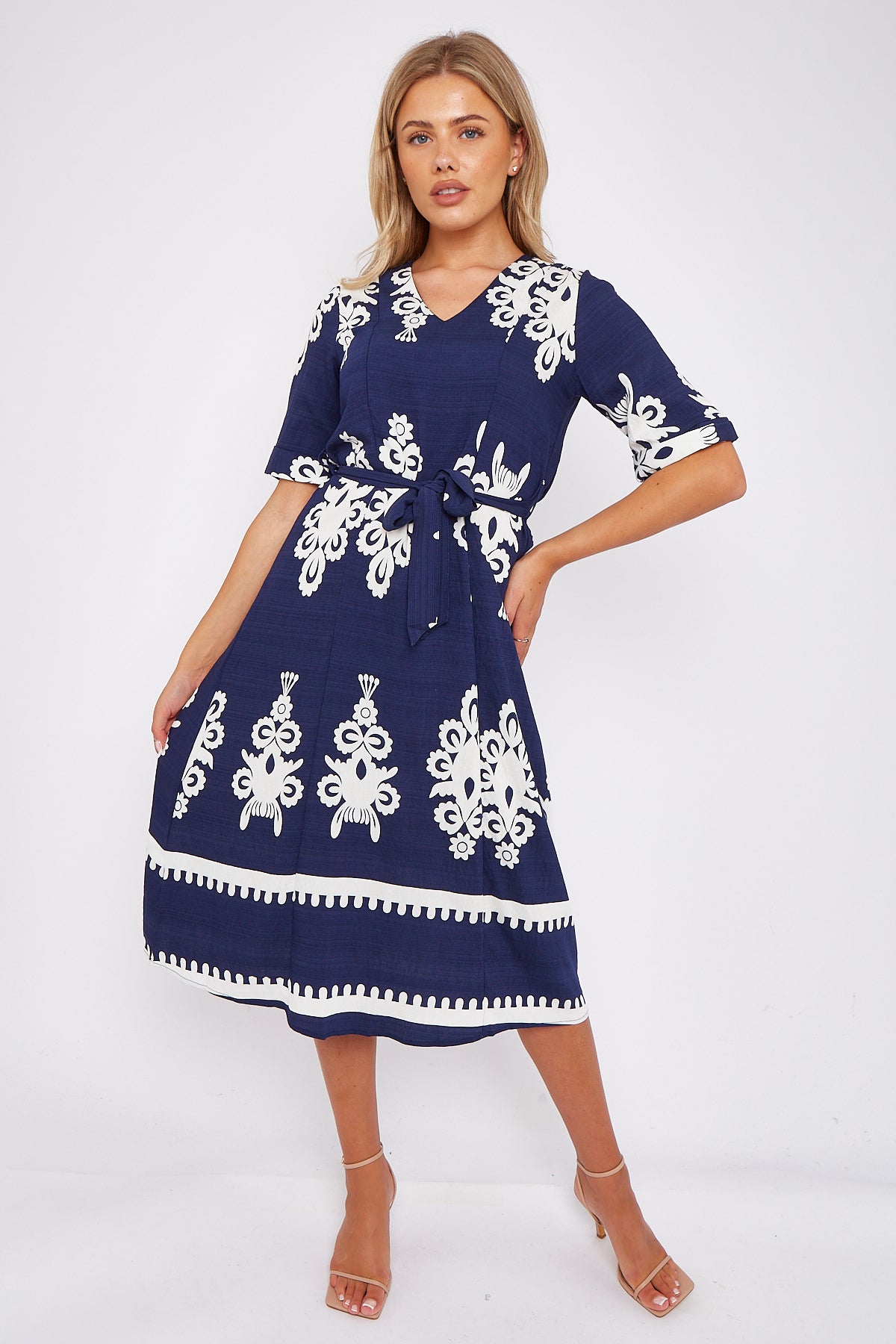 Navy Pattern Print Short Sleeve Midi Dress