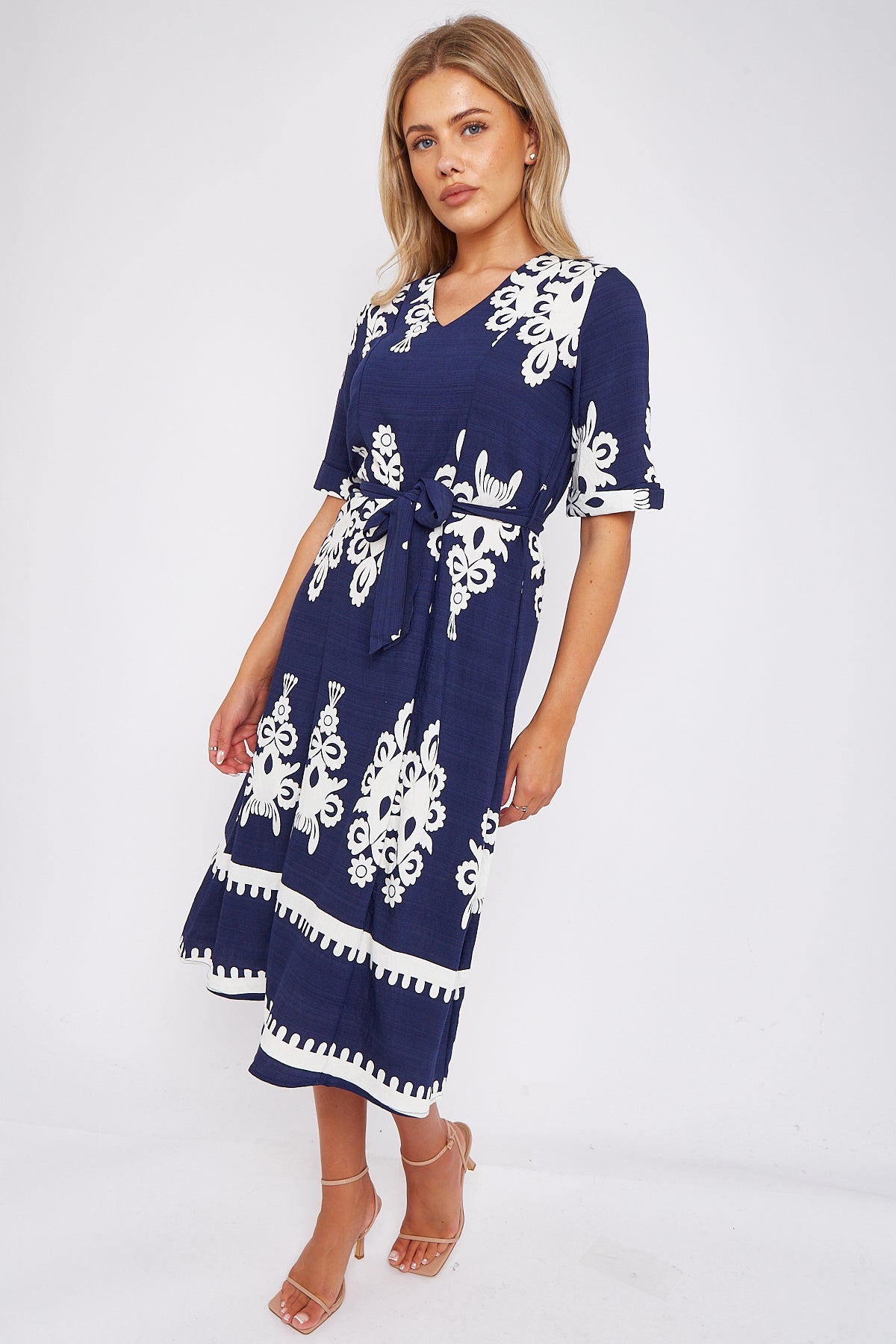 Navy Pattern Print Short Sleeve Midi Dress