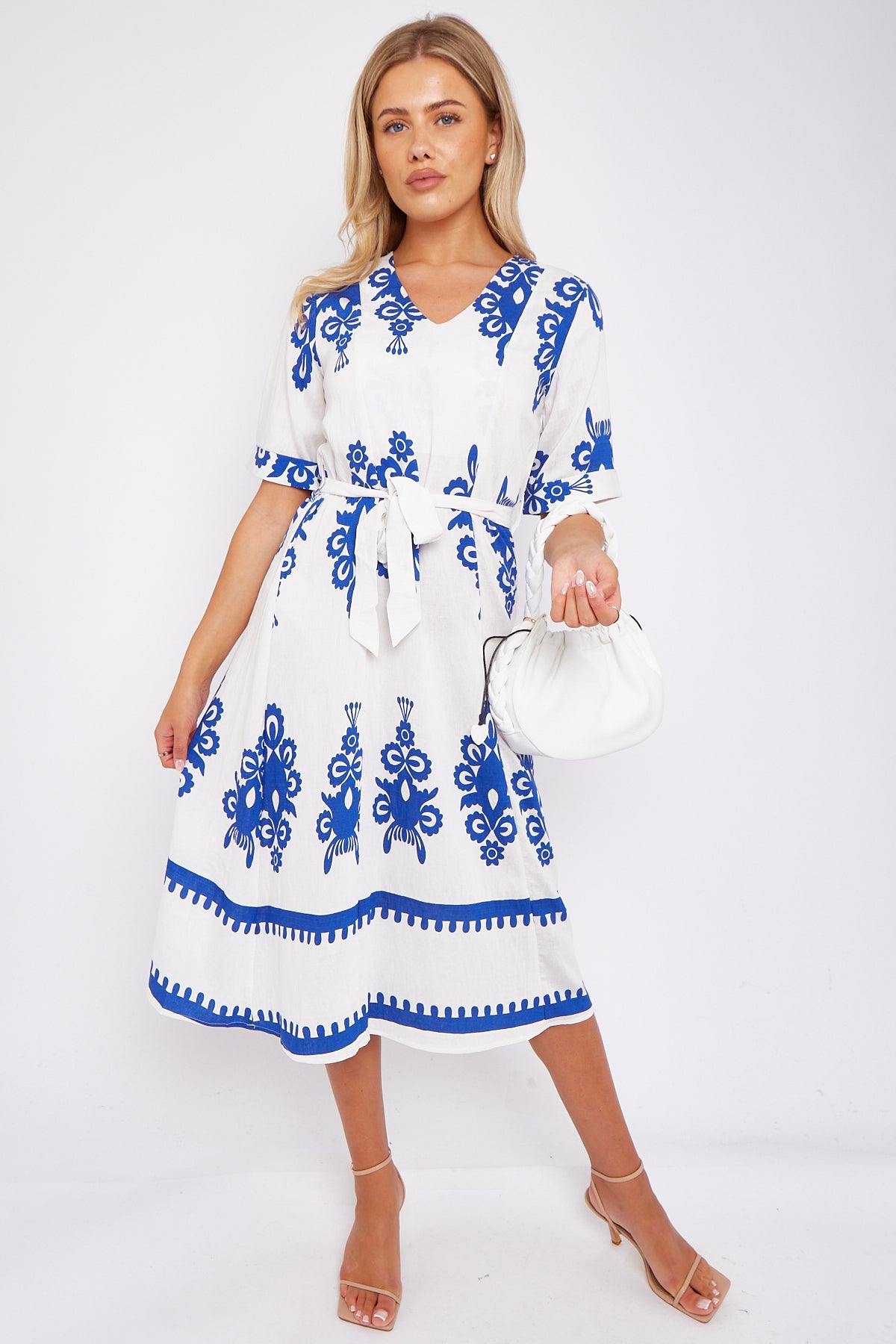 White Pattern Print Short Sleeve Midi Dress