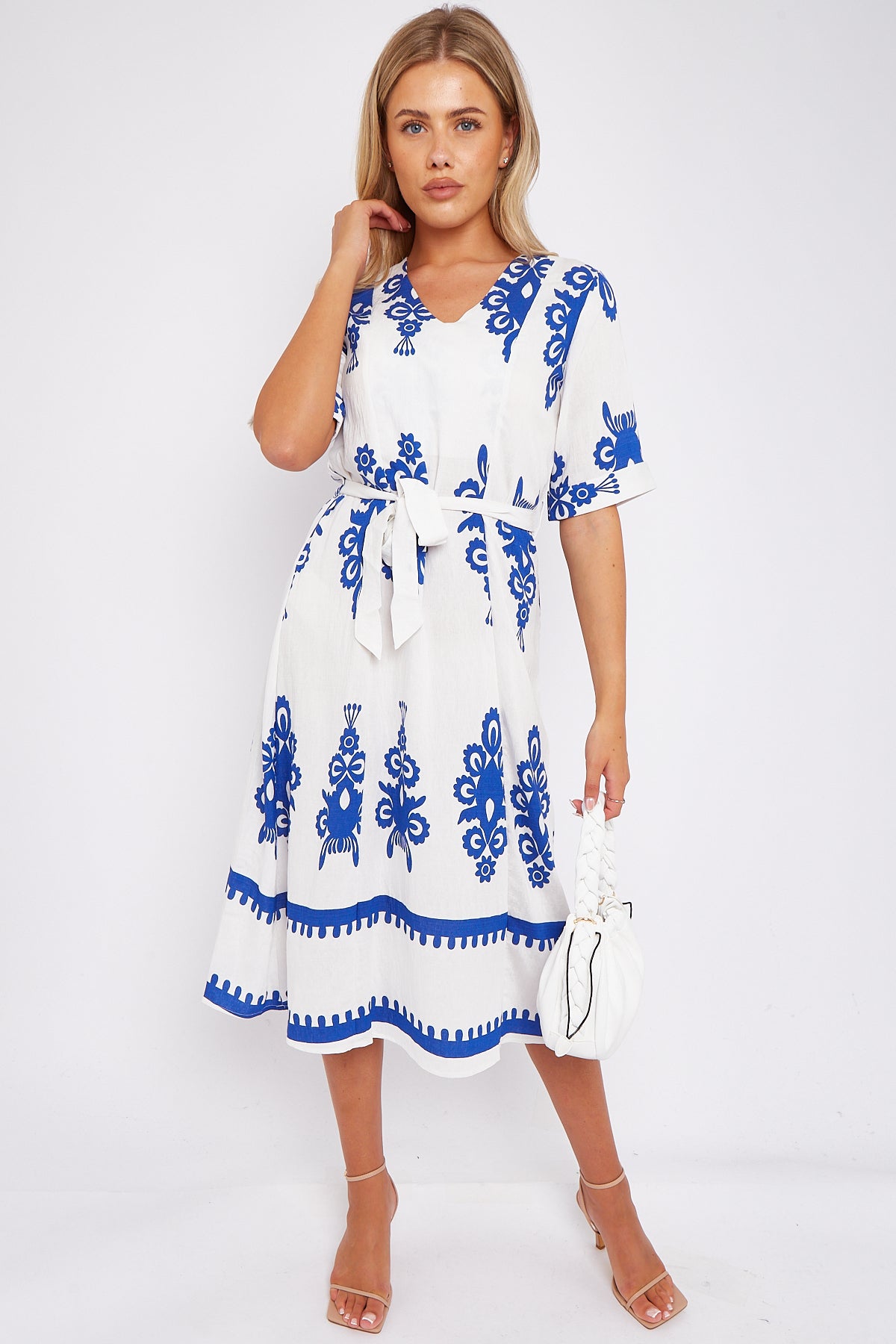 White Pattern Print Short Sleeve Midi Dress