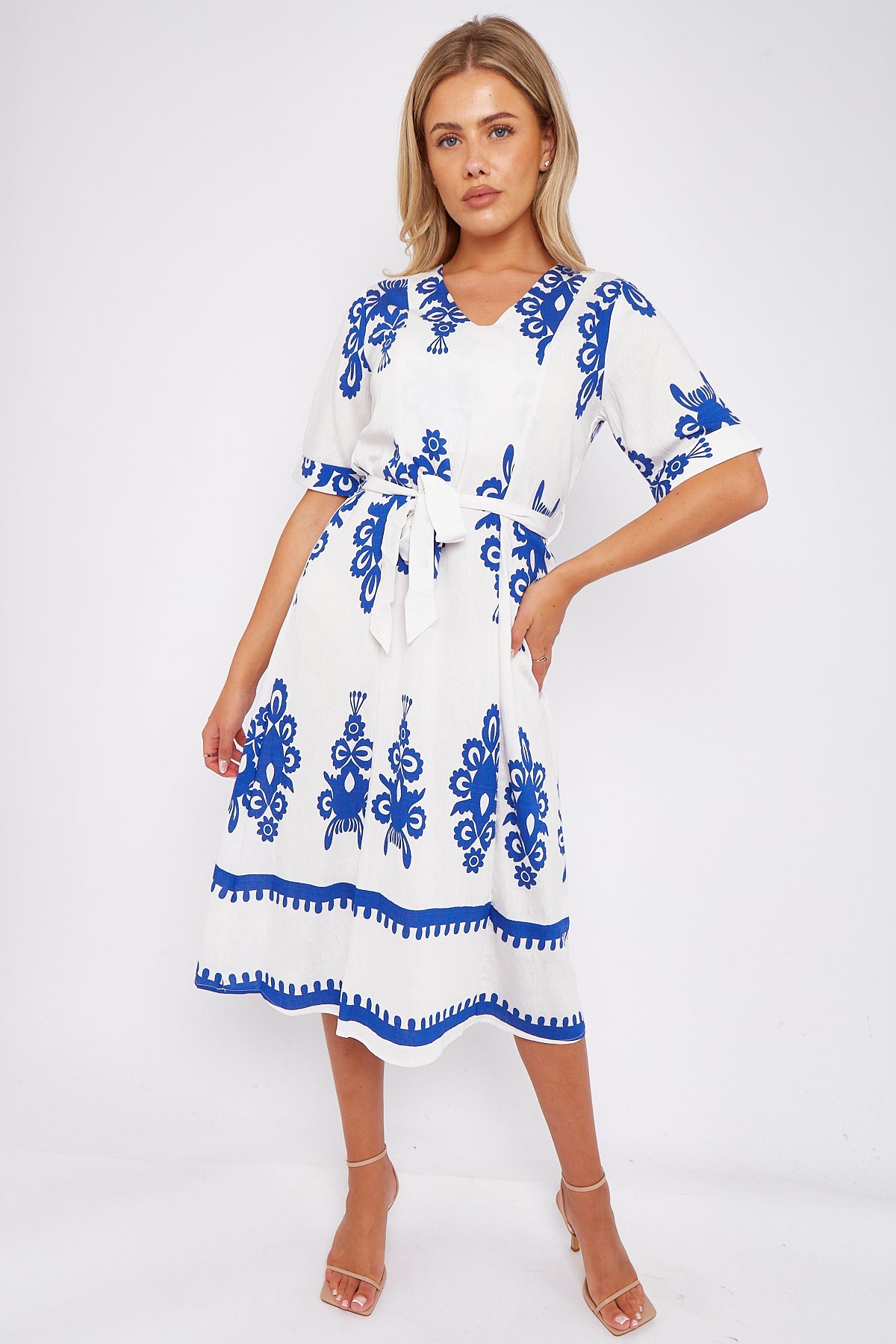 White Pattern Print Short Sleeve Midi Dress